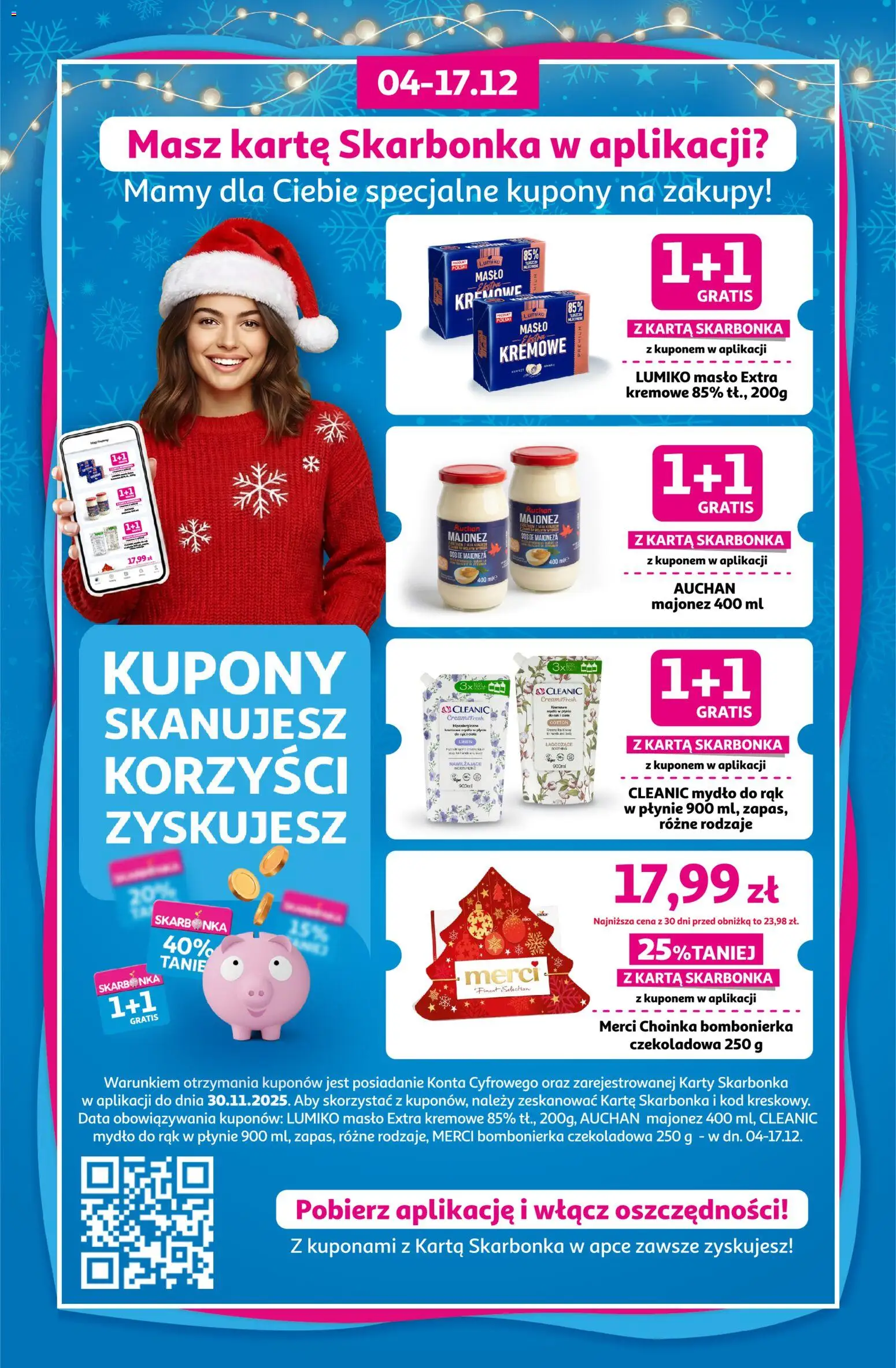 Auchan Gazetka - Kupony w aplikacji Skarbonka od 04.12.2025 | Strona: 1 | Produkty: Karta, Choinka, Merci, Majonez