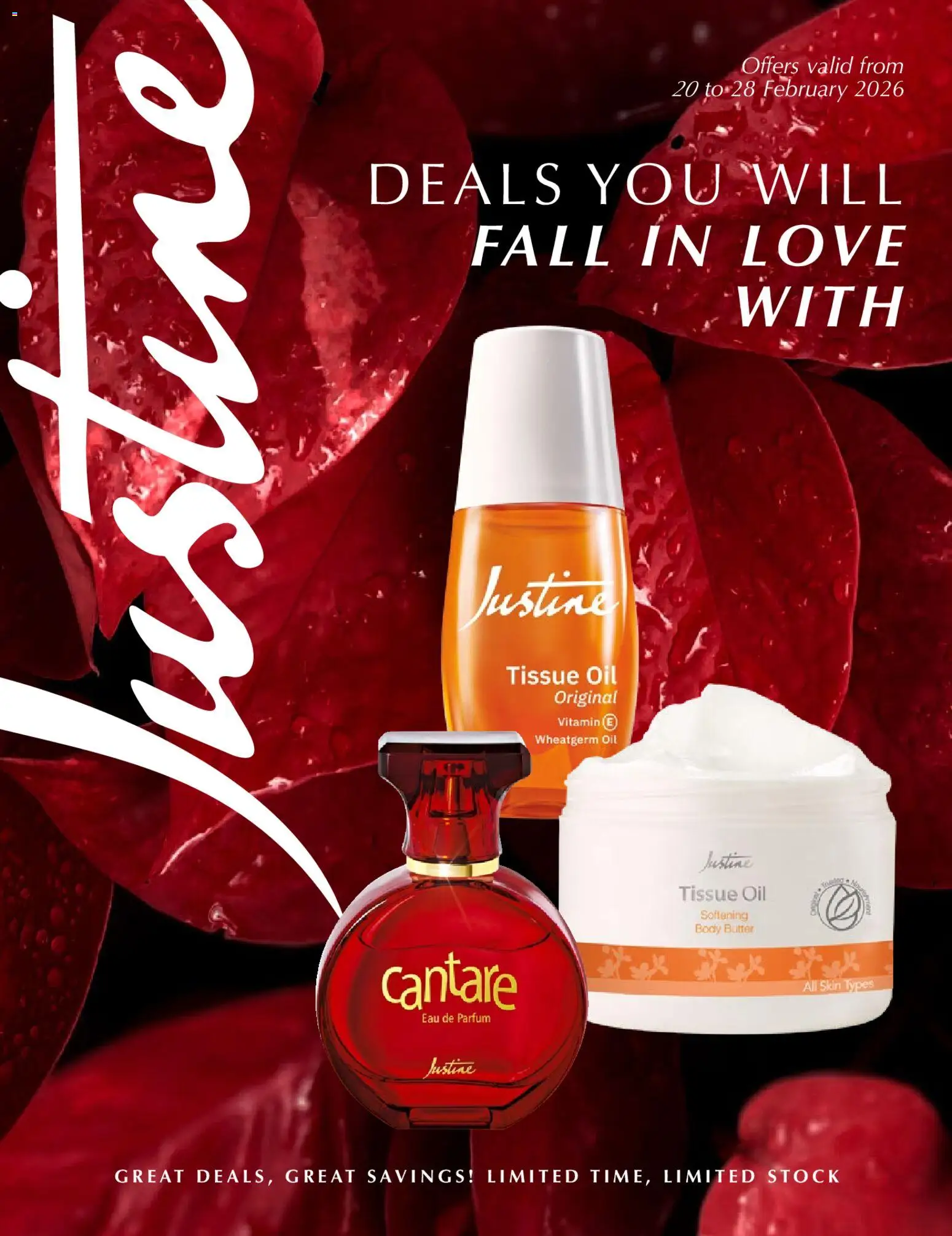 New Justine catalogue – valid from 20.02.2026 | Page: 1 | Products: Tissue oil, Body butter, Oil, Stock