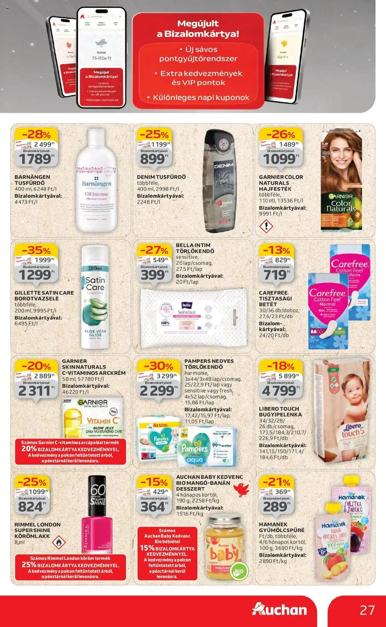 Auchan akciós ujság - amely érvényes a következő dátumtól: 19.06.2025 | Oldal: 27 | Termékek: Hajfesték, Körömlakk, Tusfürdő, Bébiétel