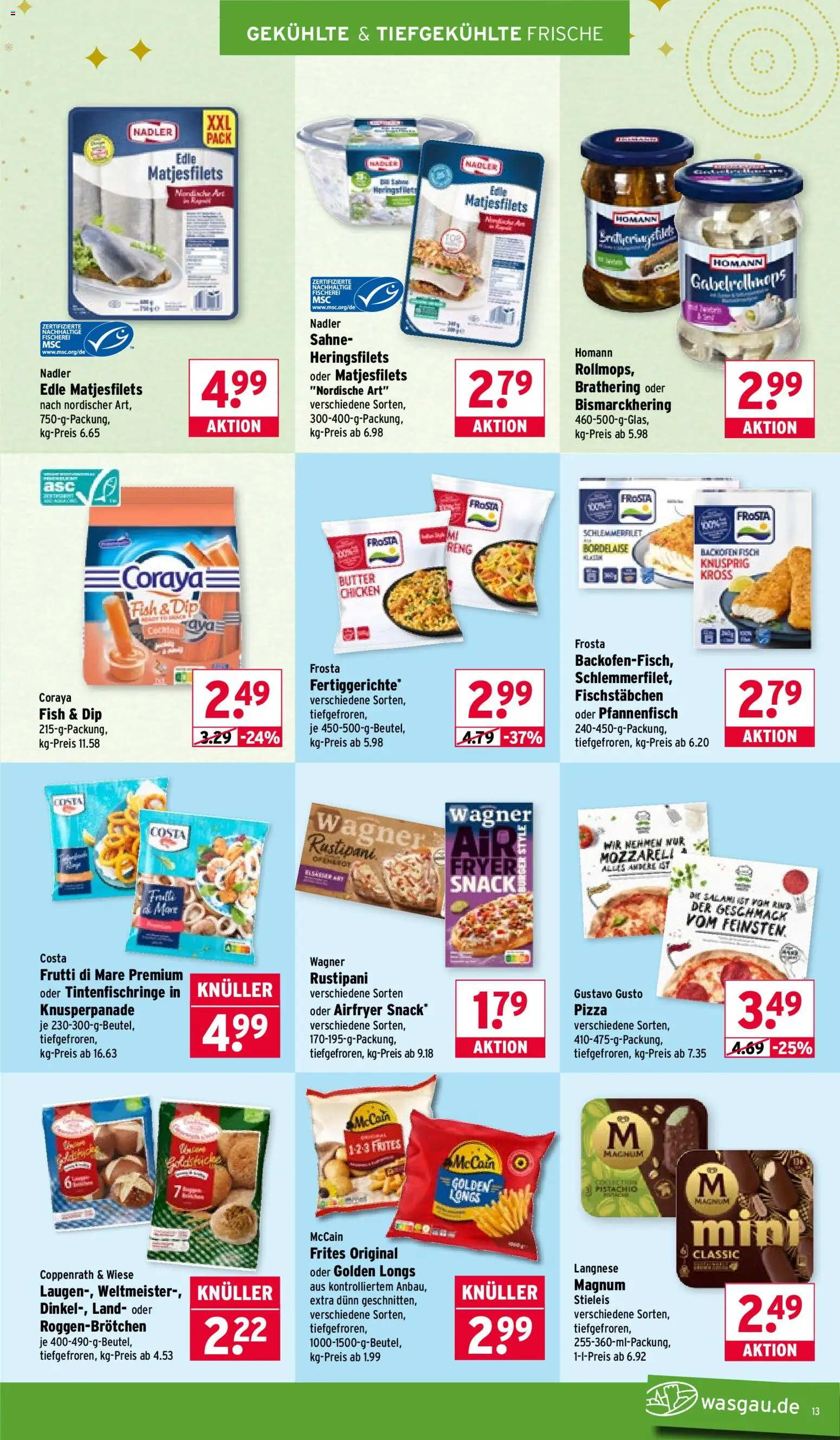 Wasgau Prospekt 	 – gültig ab 29.12.2025 | Seite: 13 | Produkte: Gustavo gusto, Langnese, Fisch, Fischstabchen