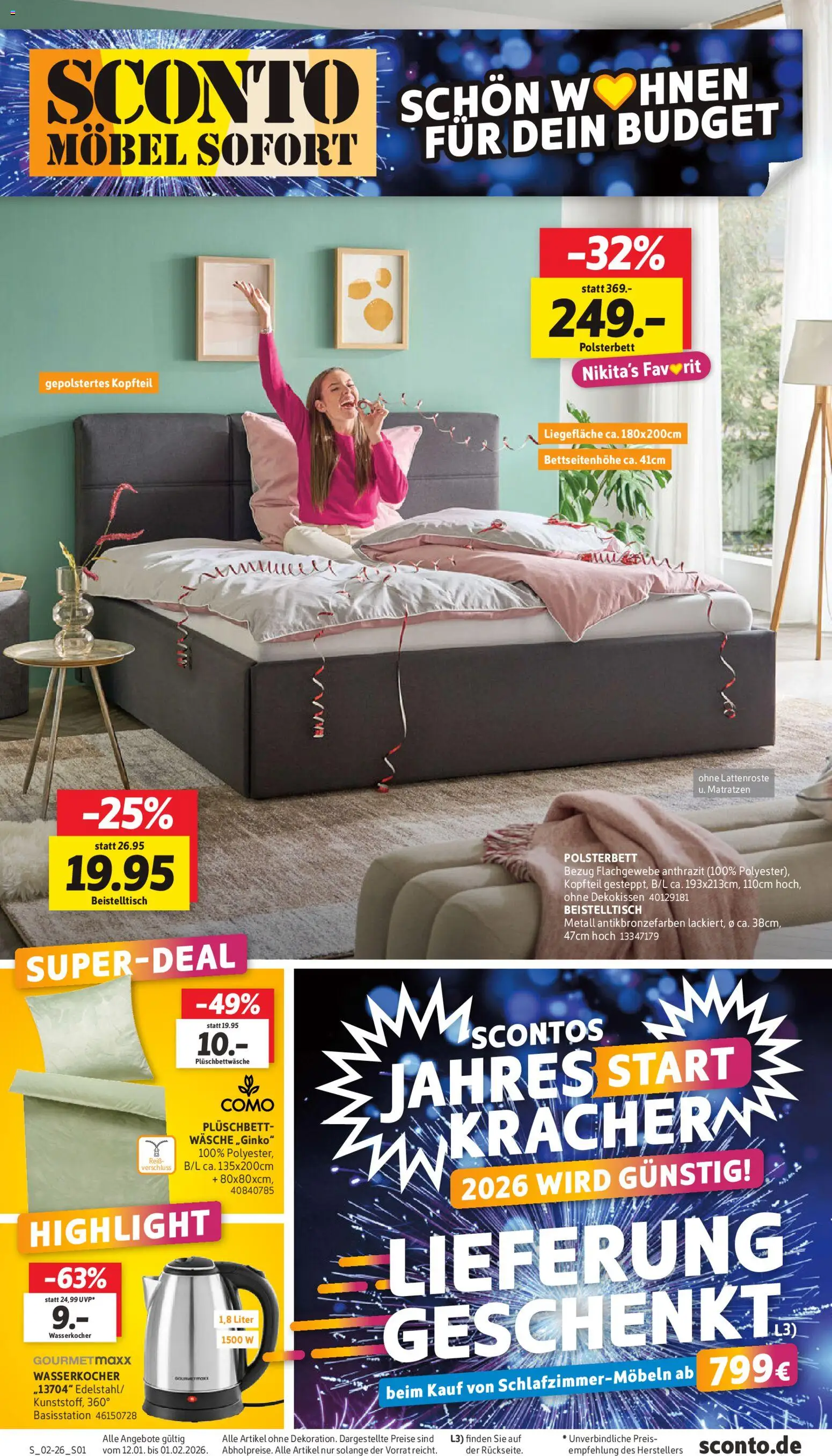Sconto Prospekt 	 – gültig ab 12.01.2026 | Seite: 1 | Produkte: Wasserkocher, Beistelltisch, Polsterbett