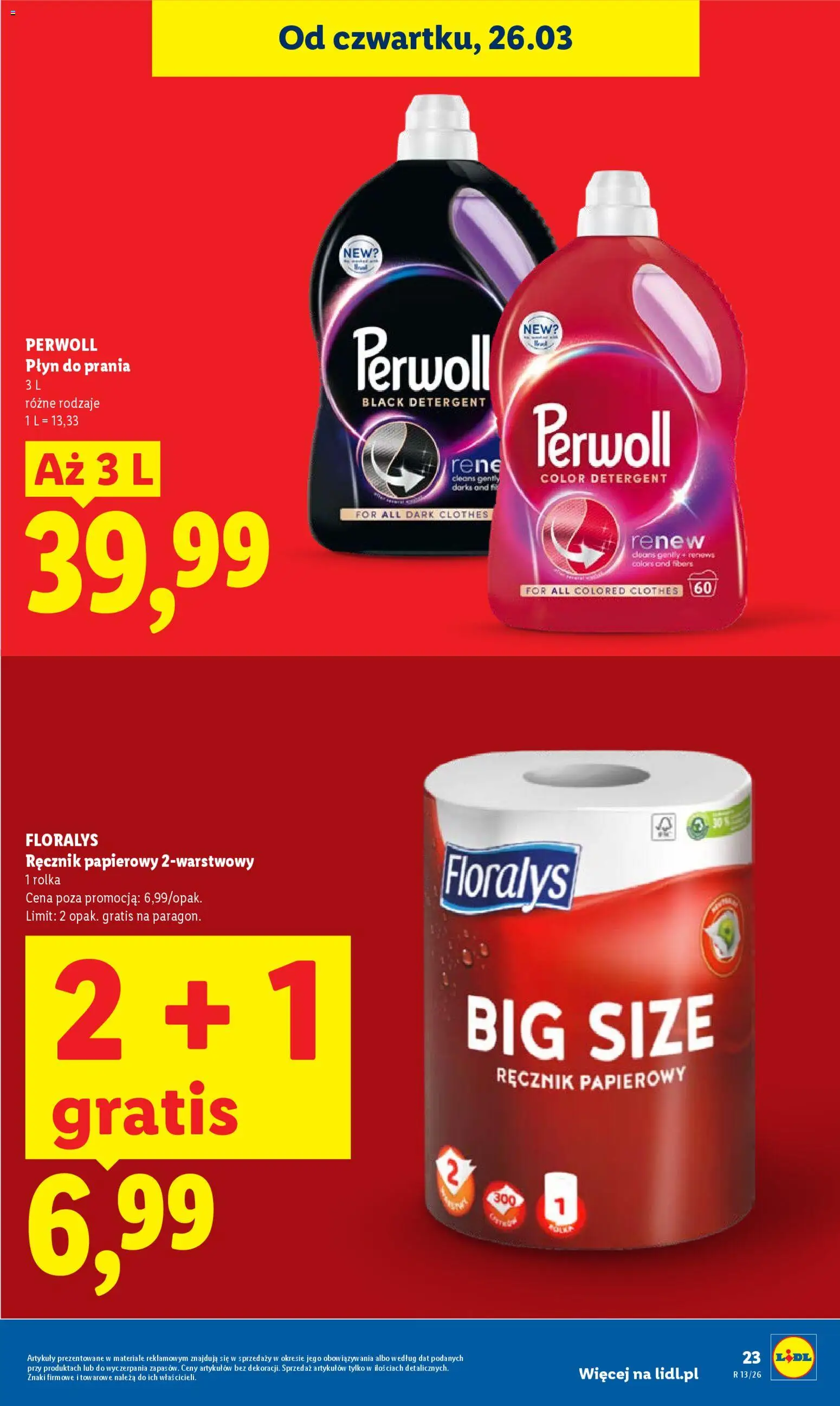 Lidl gazetka od 26.03.2026 | Strona: 23 | Produkty: Płyn do prania Perwoll, Detergent, Ręcznik papierowy