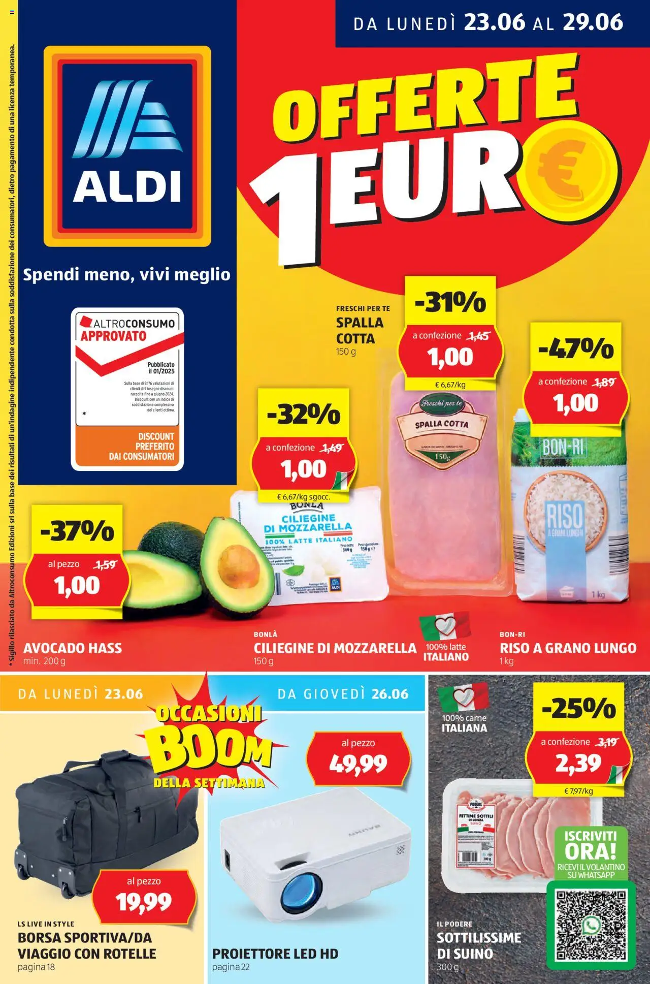Volantino Aldi del 23.06.2025 | Pagina: 1 | Prodotti: Riso, Suino, Mozzarella, Borsa