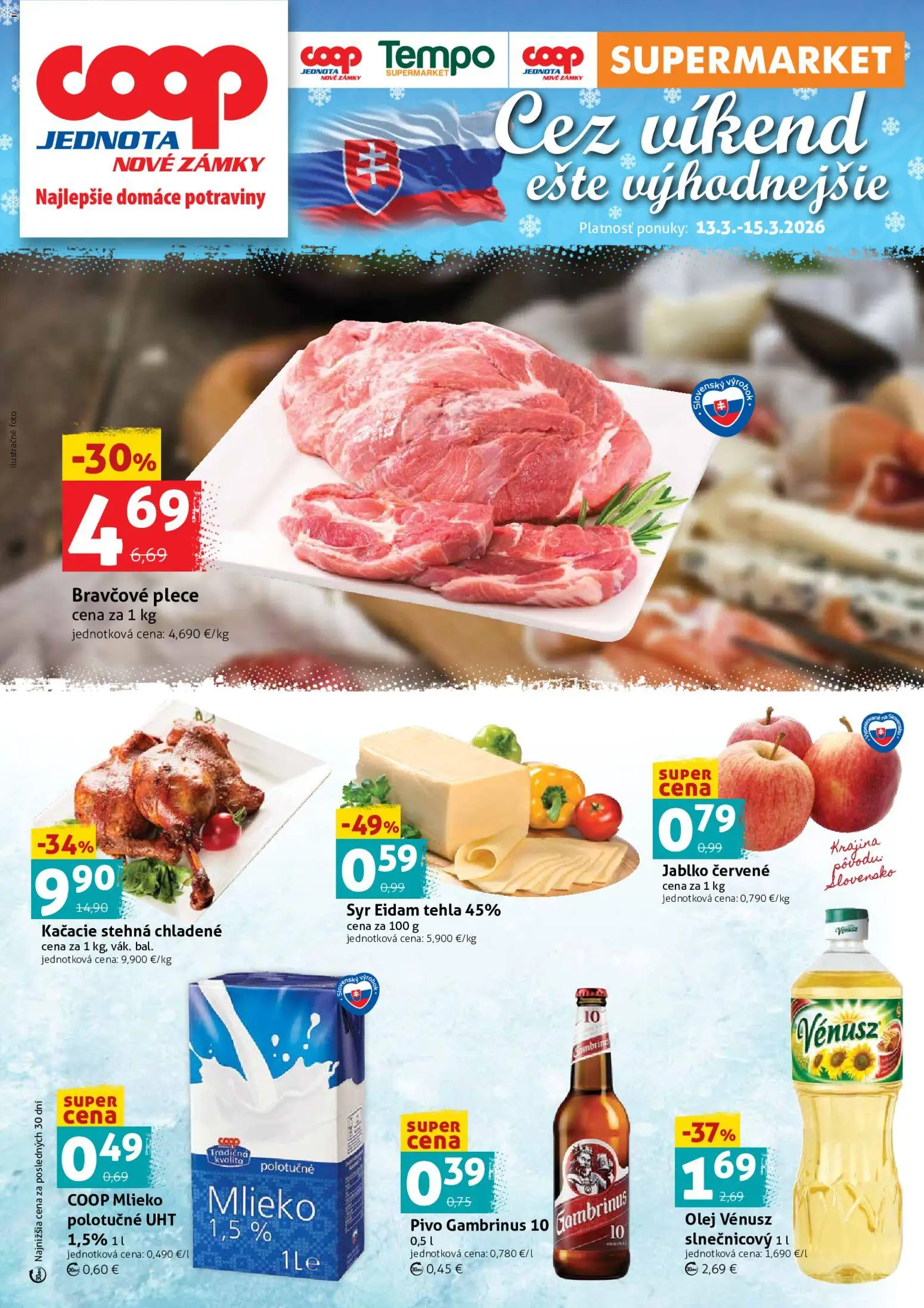Nové COOP Jednota akcie – leták je platný od 13.03.2026 | Strana: 1 | Produkty: Mlieko, Pivo, Bravčové plece, Gambrinus