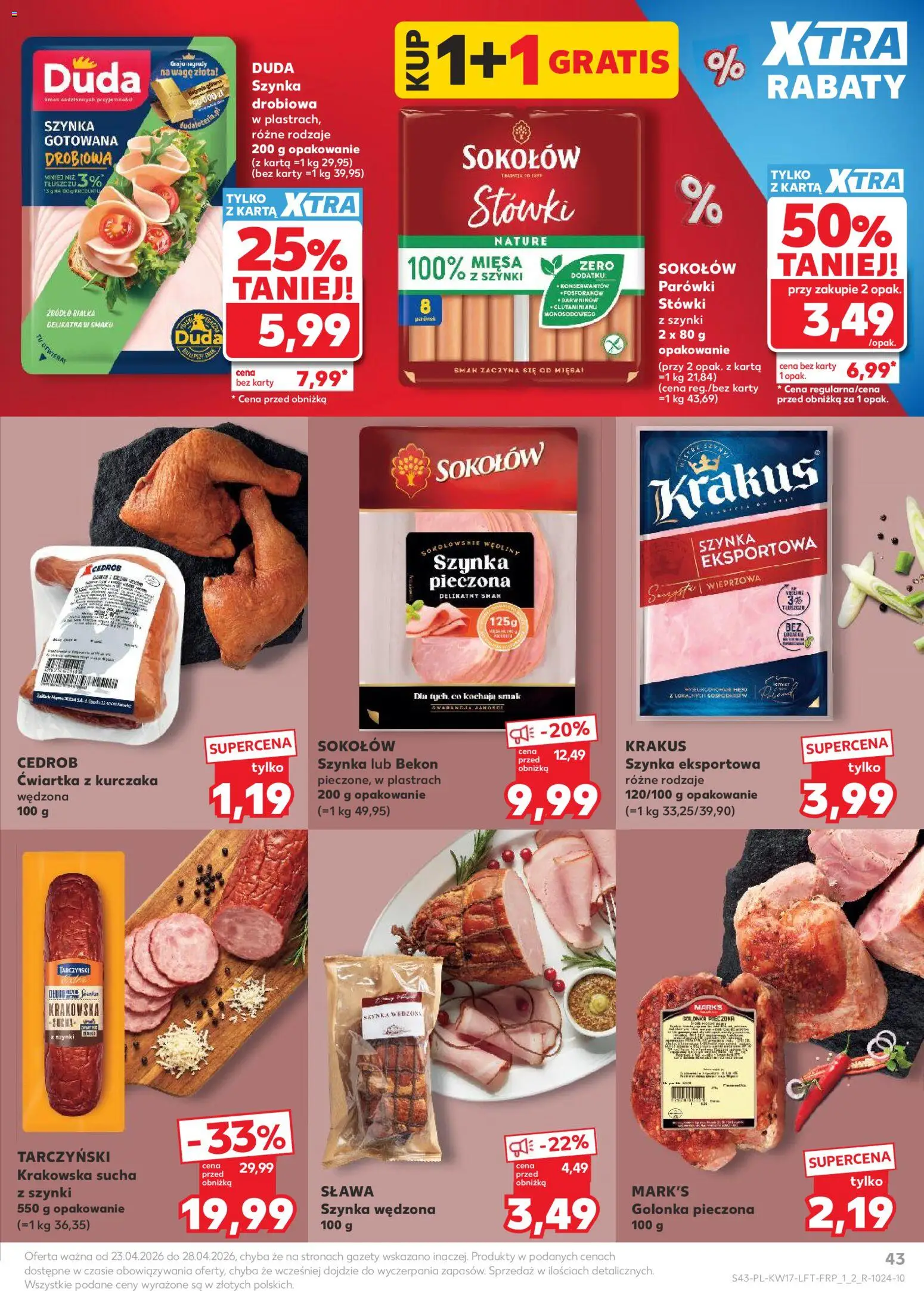 Kaufland gazetka od 23.04.2026 | Strona: 43 | Produkty: Karta, Bekon, Wędliny, Ćwiartka z kurczaka