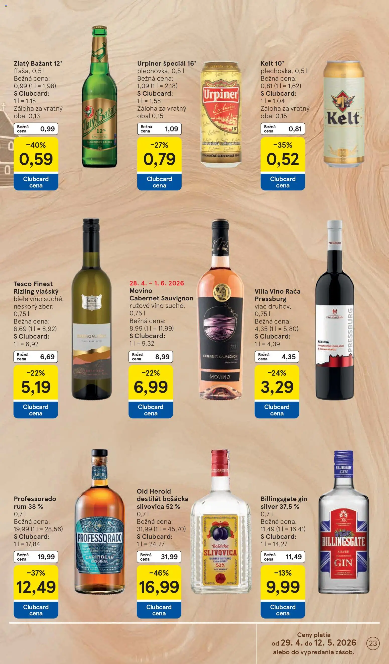 Nové Tesco akcie – leták je platný od 29.04.2026 | Strana: 23 | Produkty: Pivo, Víno, Rúžové víno, Gin