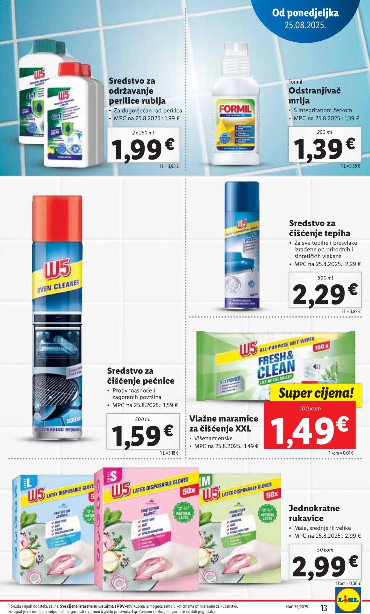 Lidl katalog | vrijedi od 25.08.2025 | Stranica: 13 | Proizvodi: Perilice rublja, Vlažne maramice, Odstranjivač mrlja, Rukavice