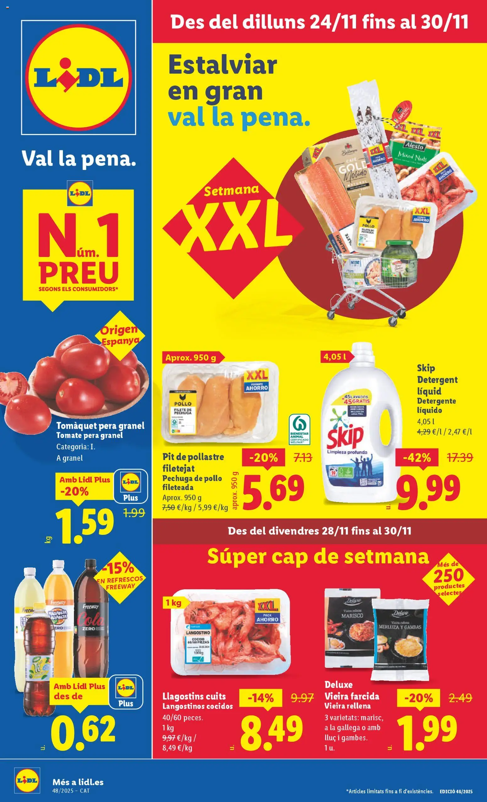 Lidl folleto │ válido desde el 24.11.2025 | Página: 1 | Productos: Pechuga de pollo fileteada, Detergente líquido, Filete, Langostino