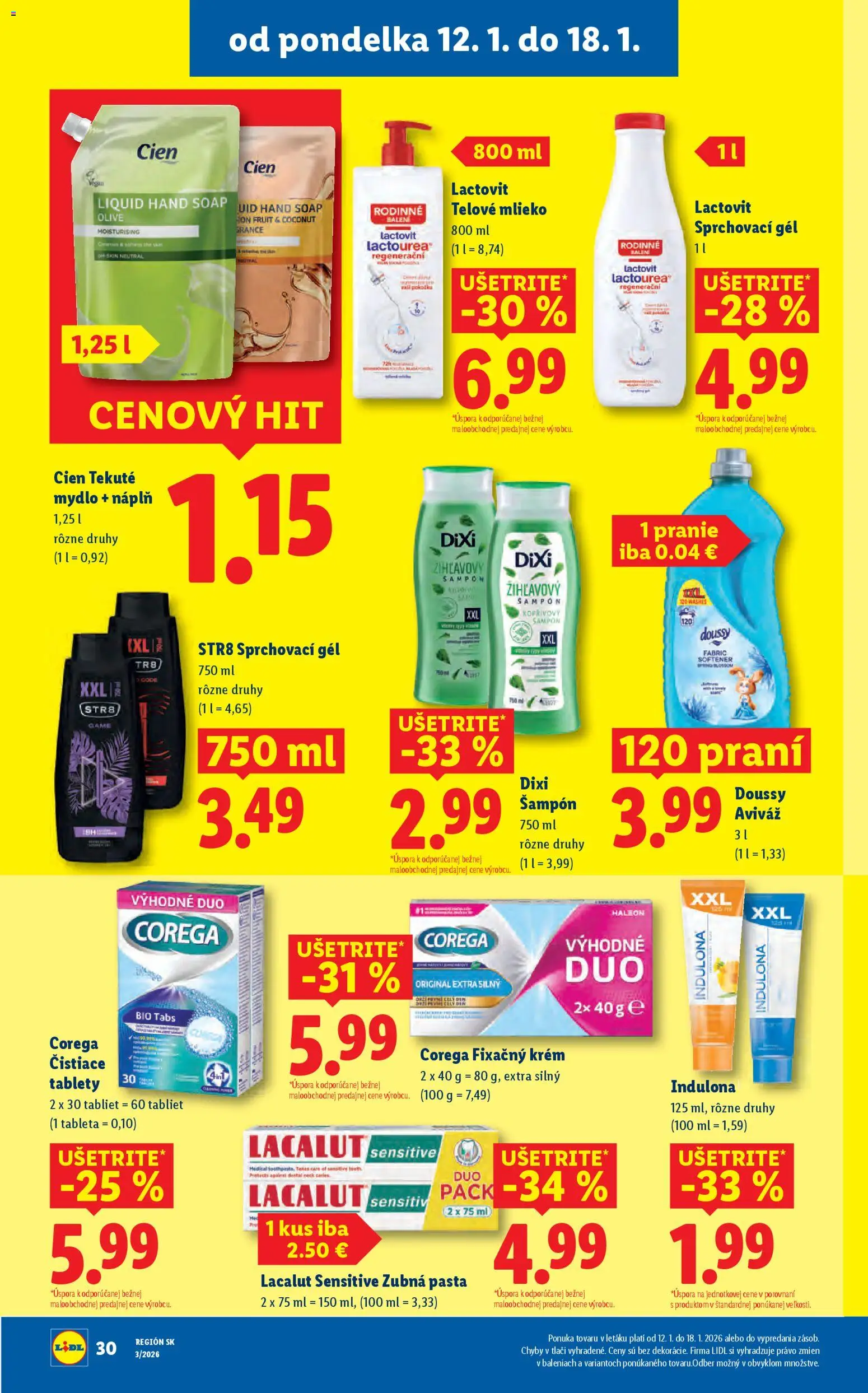 Nové Lidl akcie – leták je platný od 12.01.2026 | Strana: 30 | Produkty: Šampón, Mydlo, Zubná pasta, Krém