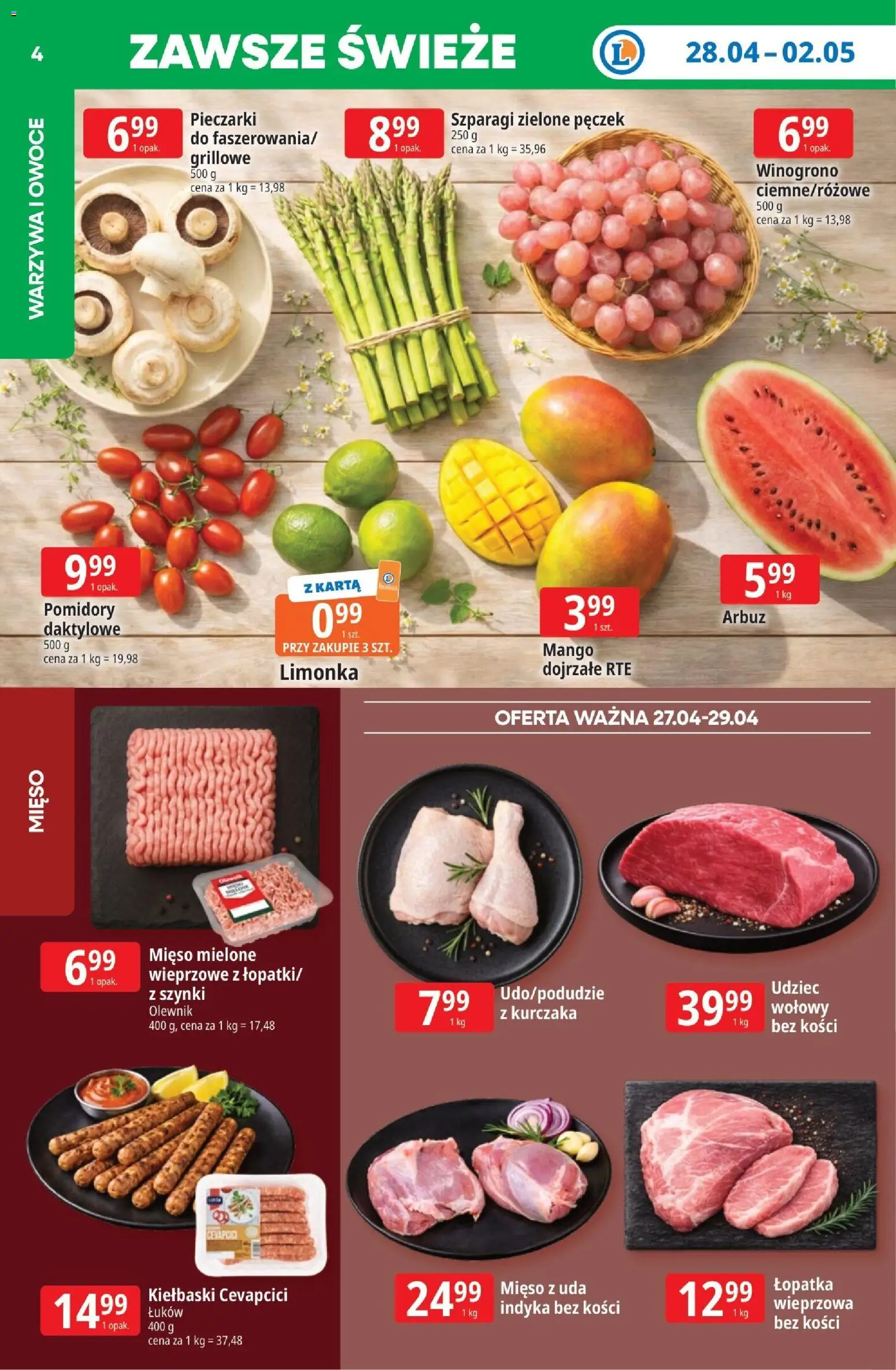 E.Leclerc gazetka - Wrocław od 27.04.2026 | Strona: 4 | Produkty: Mango, Arbuz, Mięso, Mięso mielone