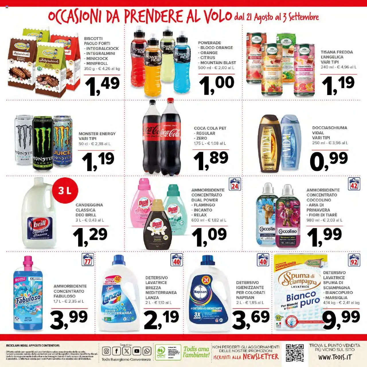 Volantino Todis del 21.08.2025 | Pagina: 20 | Prodotti: Candeggina, Biscotti, Piatto, Coca Cola