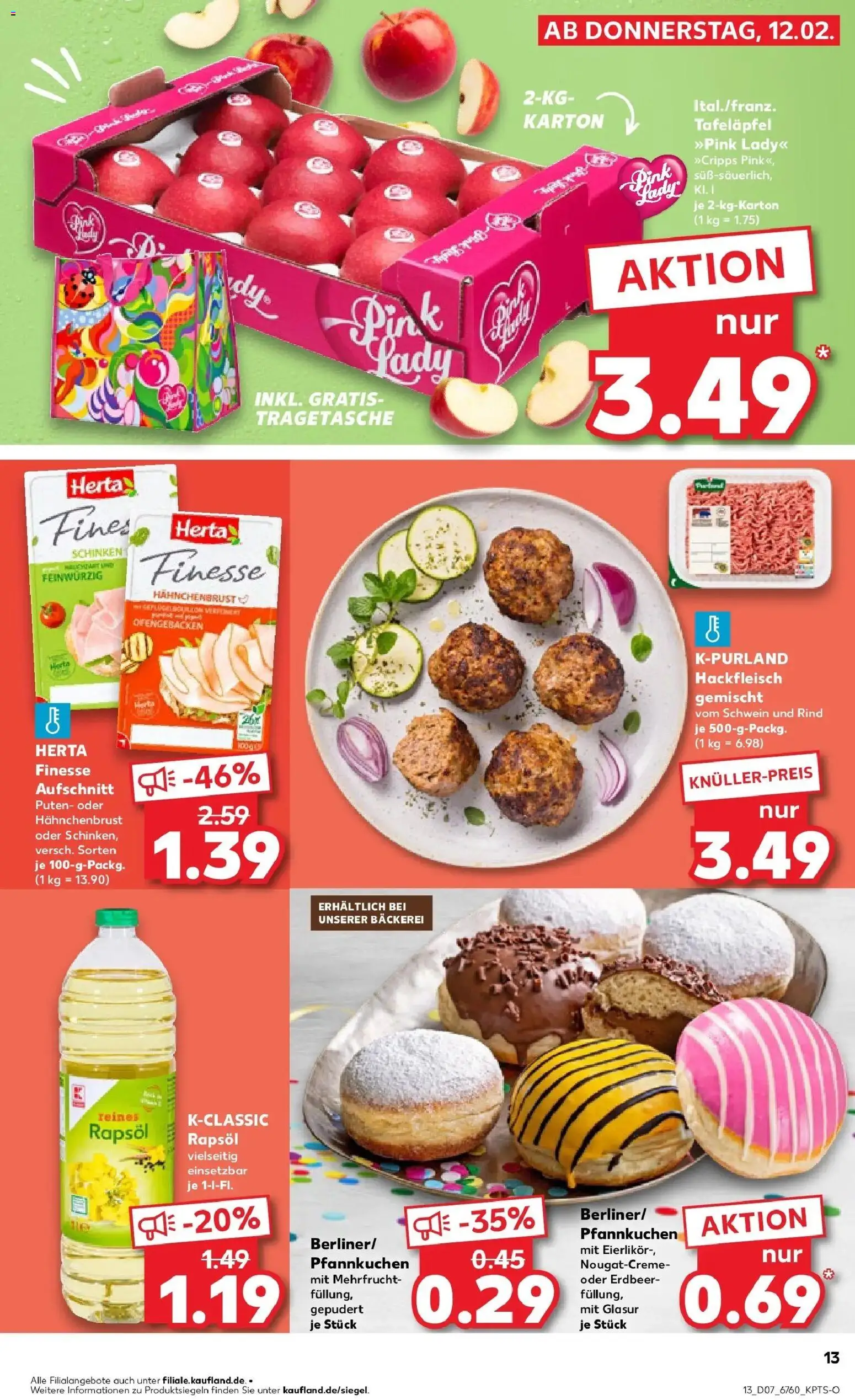 Kaufland prospekt Sulzbach-Rosenberg	 – gültig ab 16.02.2026 | Seite: 13 | Produkte: Bäckerei, Rapsöl, Pfannkuchen, Hackfleisch