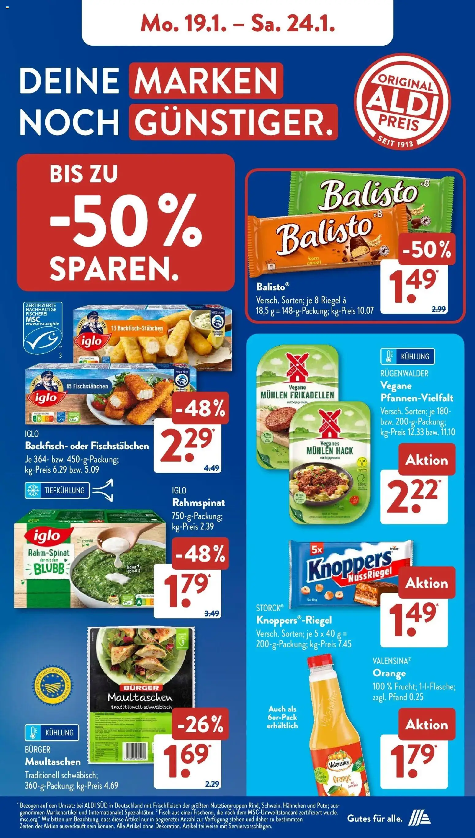 Aldi Süd Prospekt 	 – gültig ab 19.01.2026 | Seite: 7 | Produkte: Hahnchen, Burger, Fisch, Maultaschen