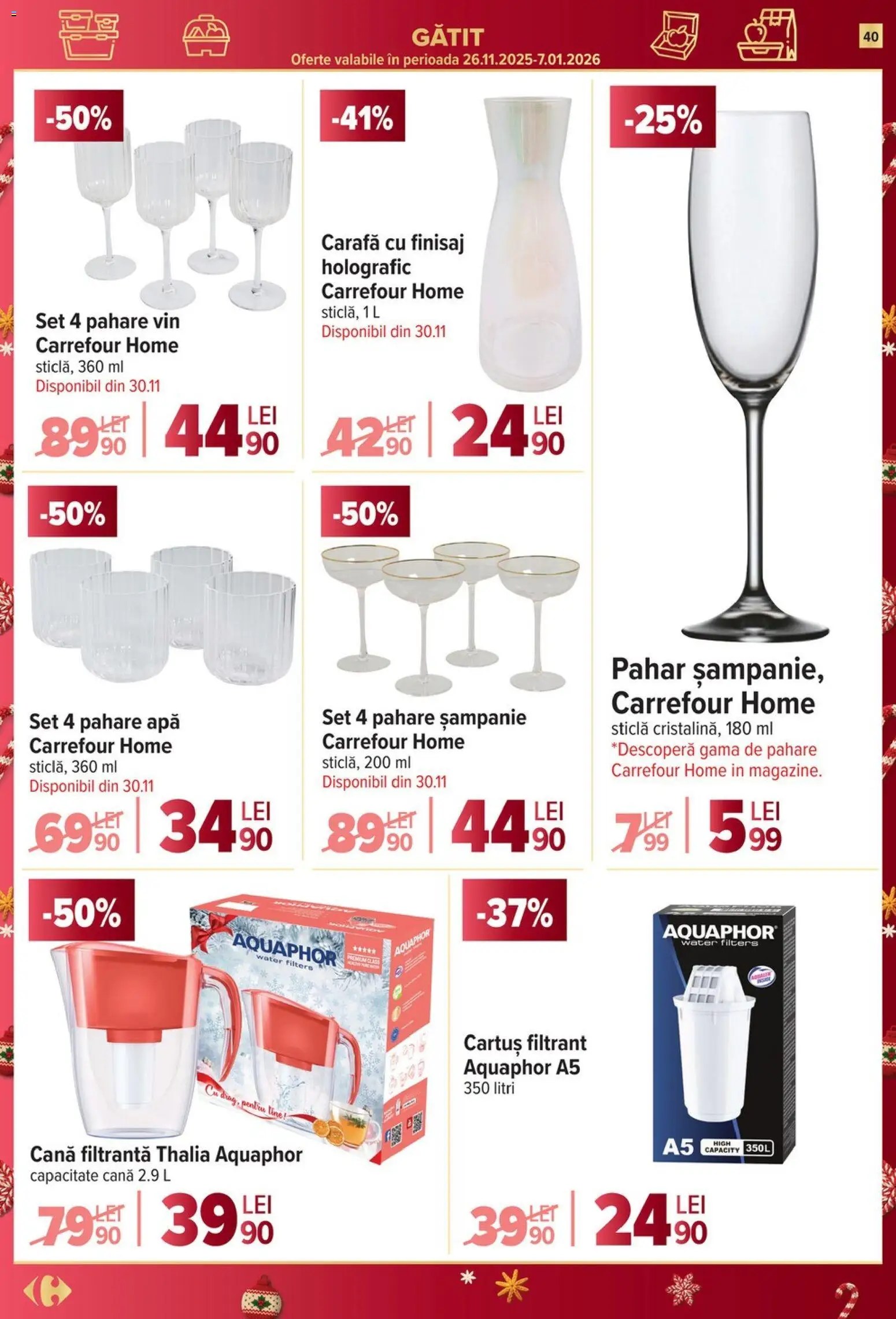 Noul catalog Carrefour – valabil de la 10.12.2025 | Pagină: 40 | Produse: Pahare, Carafă, Vin, Apă