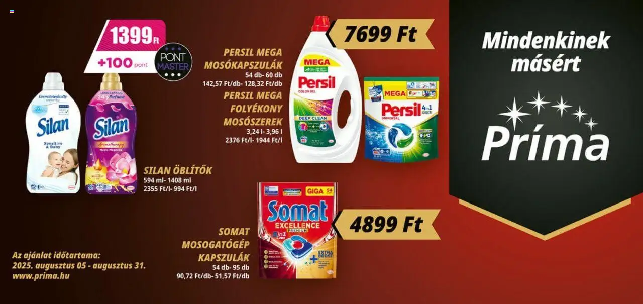 CBA Príma akciós ujság - amely érvényes a következő dátumtól: 05.08.2025 | Oldal: 1 | Termékek: Persil, Somat, Mosogatógép, Mosószerek