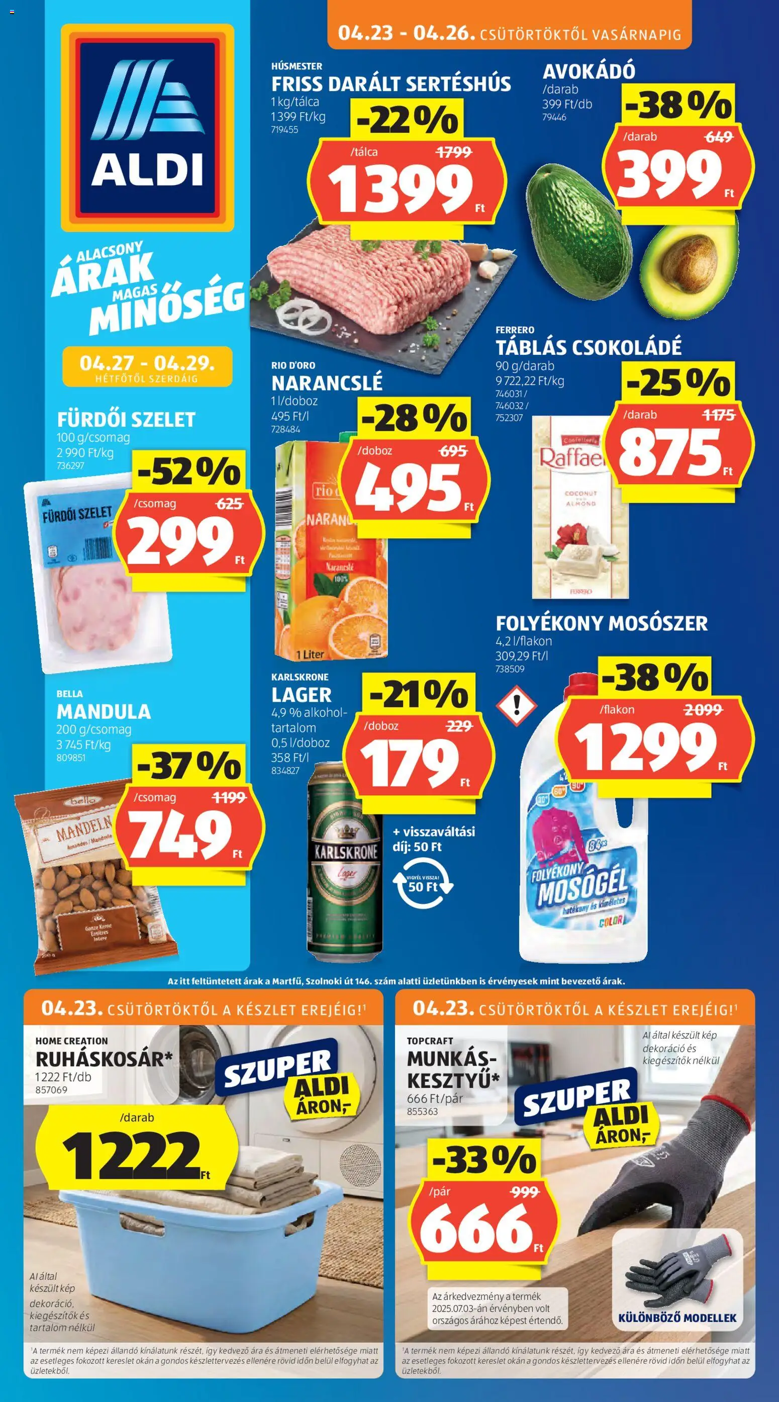 Aldi akciós ujság - amely érvényes a következő dátumtól: 23.04.2026 | Oldal: 1 | Termékek: Alkohol, Darált sertéshús, Folyékony mosószer, Mosószer