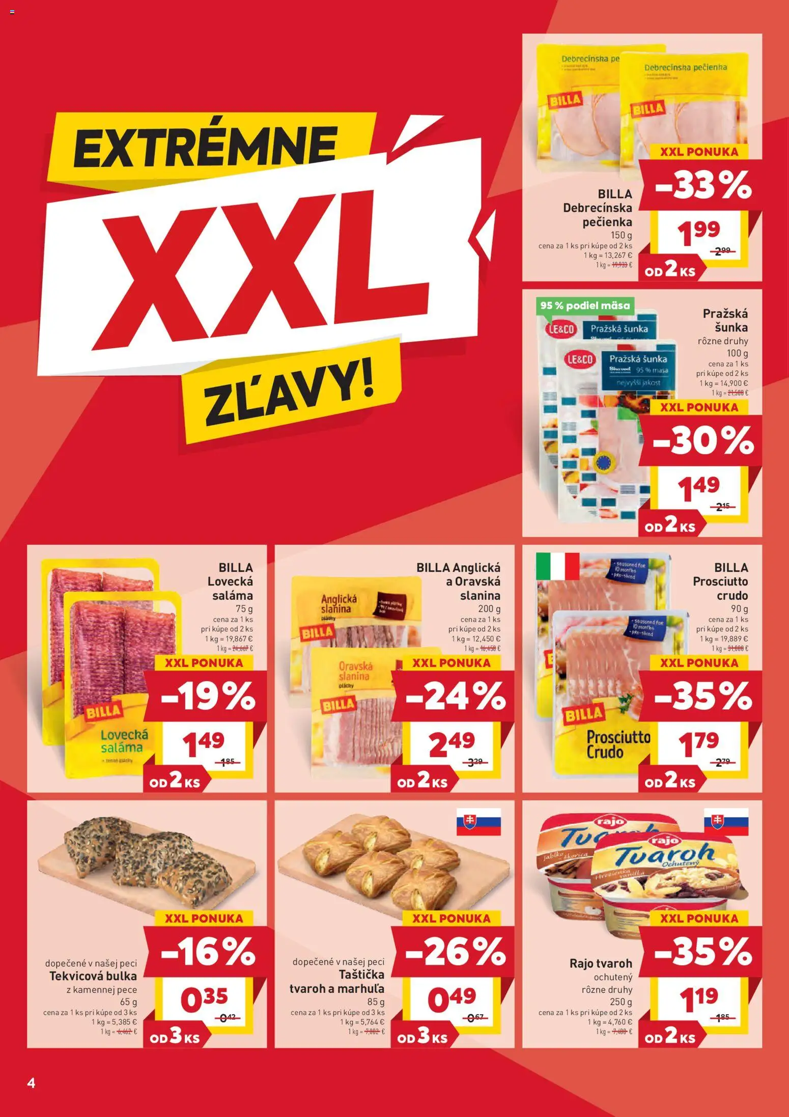 Nové Billa akcie – leták je platný od 14.01.2026 | Strana: 4 | Produkty: Saláma, Šunka, Slanina, Tvaroh