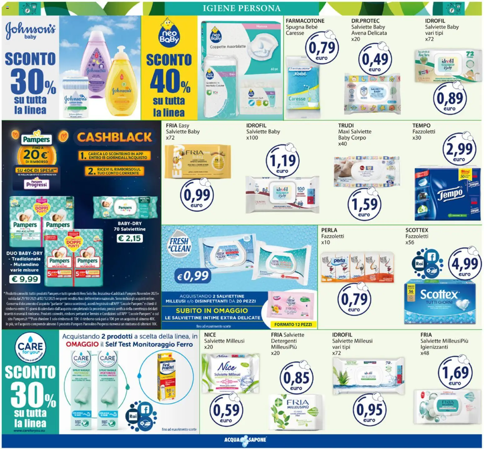 Volantino Acqua e Sapone del 03.11.2025 | Pagina: 10 | Prodotti: Spugna, Sapone, Fazzoletti, Pampers