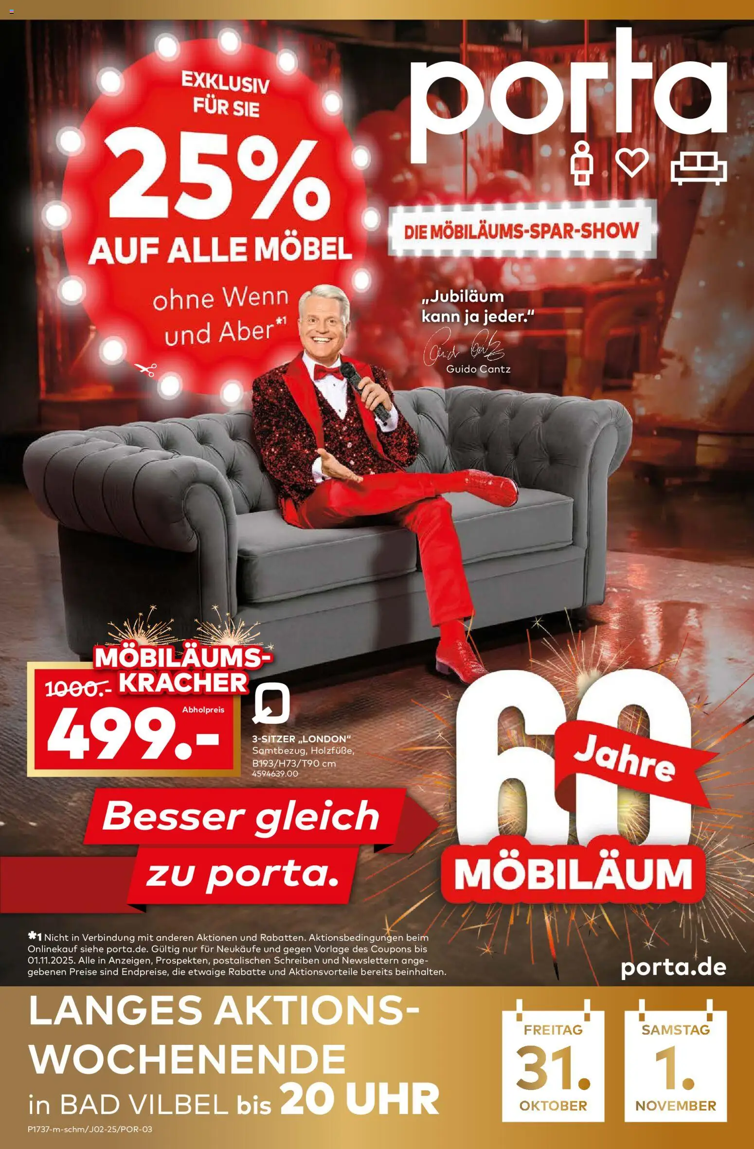 Porta! Möbiläums-Spar-Show mit Guido Cantz und 25% auf ALLE Möbel - Bad Vilbel-Dortelweil – gültig ab 27.10.2025 | Seite: 1 | Produkte: Bad, Uhr