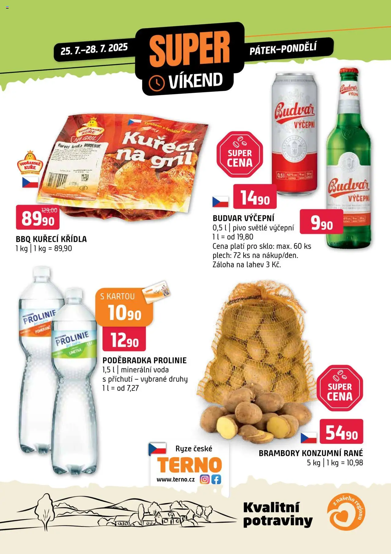 Terno leták - Super víkend od 25.07.2025 | Strana: 1 | Produkty: Pivo, Poděbradka, Plech, Brambory