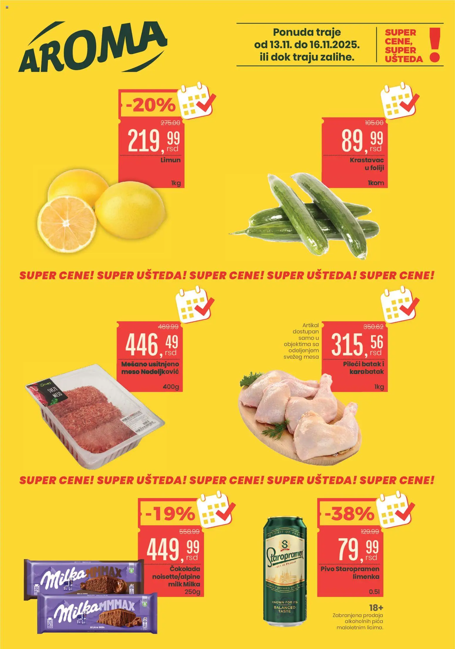 Aroma Market katalog - važi od 13.11.2025 | Strana: 1 | Proizvode: Krastavac, Milka, Čokolada, Pivo
