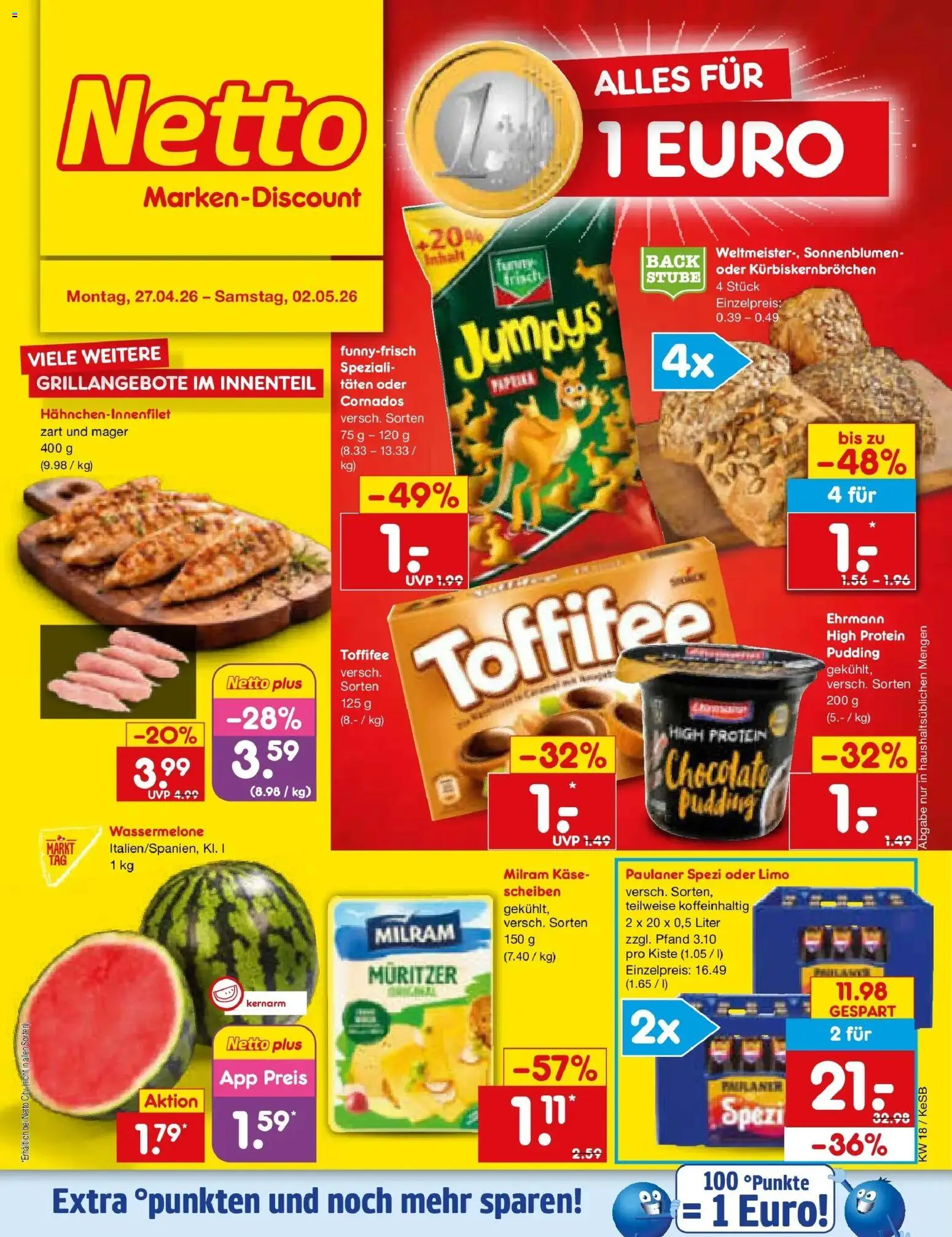 Netto Marken-Discount Prospekt Bonn	 – gültig ab 27.04.2026 | Seite: 1 | Produkte: Paulaner spezi, Pudding, Milram, Paulaner