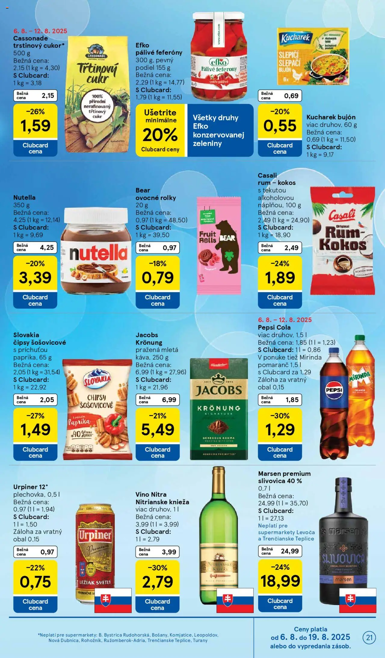 Tesco Supermarket - leták │ platný od 06.08.2025 | Strana: 21 | Produkty: Slivovica, Cukor, Mirinda, Cola