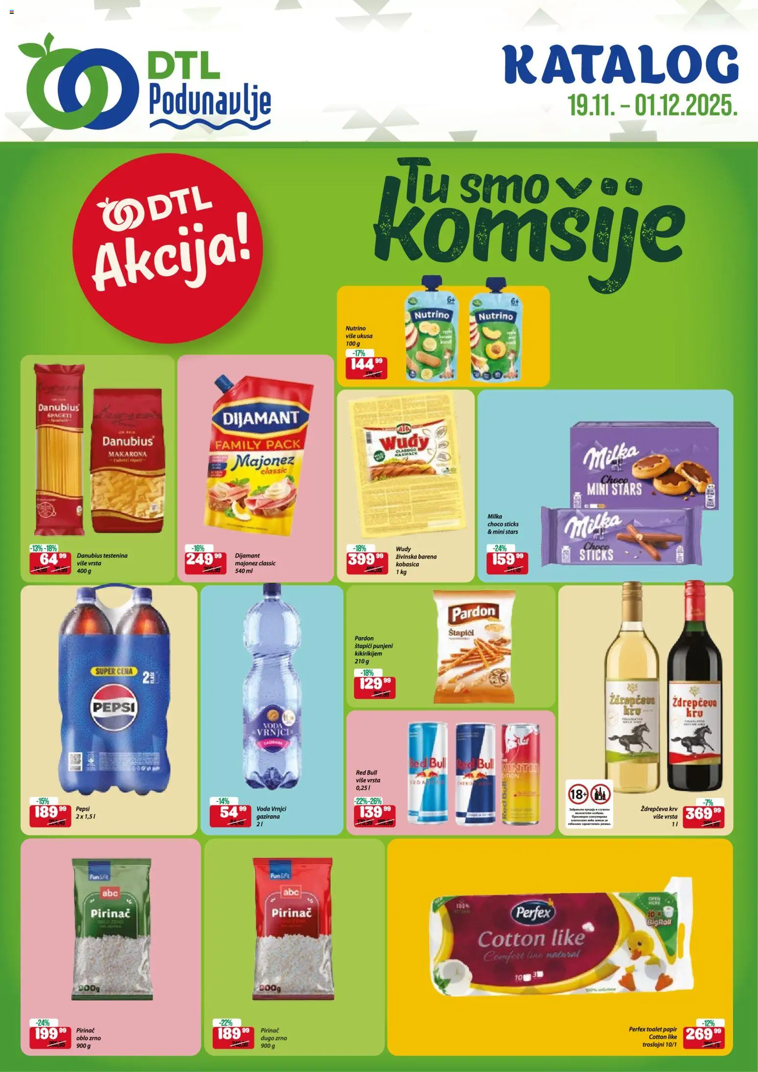 Podunavlje katalog - važi od 19.11.2025 | Strana: 1 | Proizvode: Milka, Toalet papir, Red Bull, Pepsi