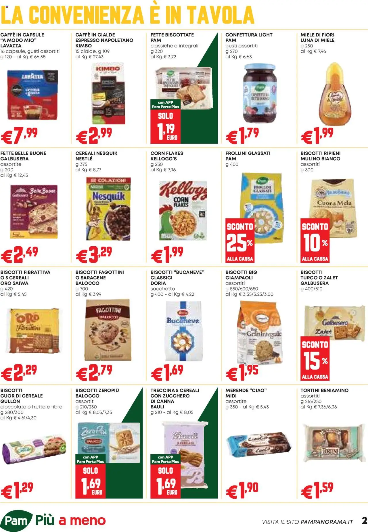 Volantino PAM del 07.08.2025 | Pagina: 2 | Prodotti: Cereali, Zucchero, Fette biscottate, Caffè in cialde