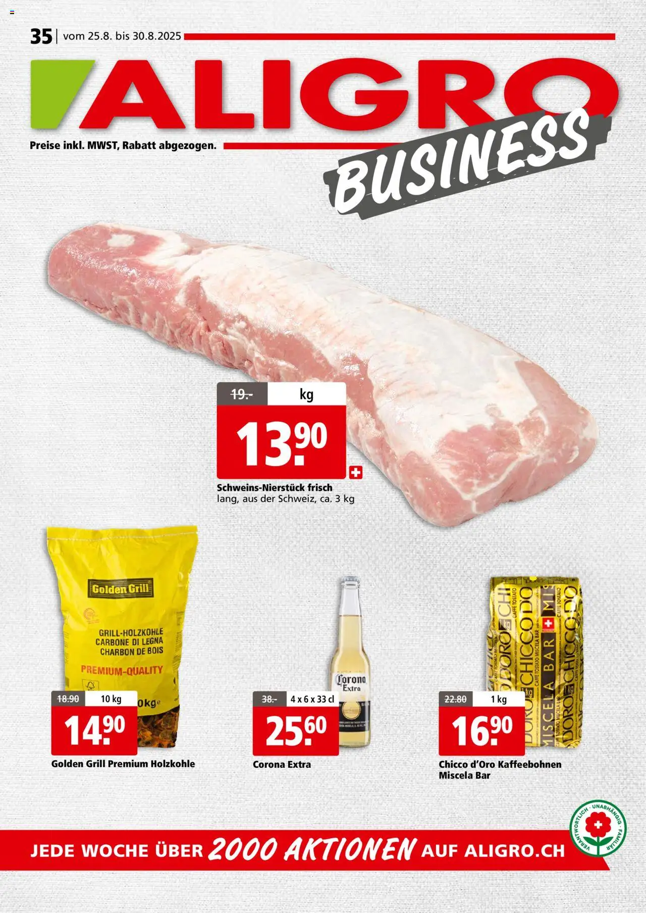 Aligro Aktionen Business Schlieren, Gossau SG, Frauenfeld, Rapperswil-Jona, Sargans, Bern, Brüttisellen, Pratteln, Emmen, Spreitenbach ab 25.08.2025 | Seite: 1 | Produkte: Grill