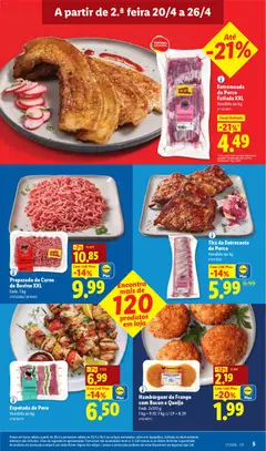 Pré-visualização Hambúrguer de Frango com Bacon e Queijo, Emb. 2x120 g, 1 kg = 9.13; 1 kg c/ LP = 8.29 válido de 20.04.2026 | Página: 5 | Produtos: Bacon, Frango, Peru, Queijo