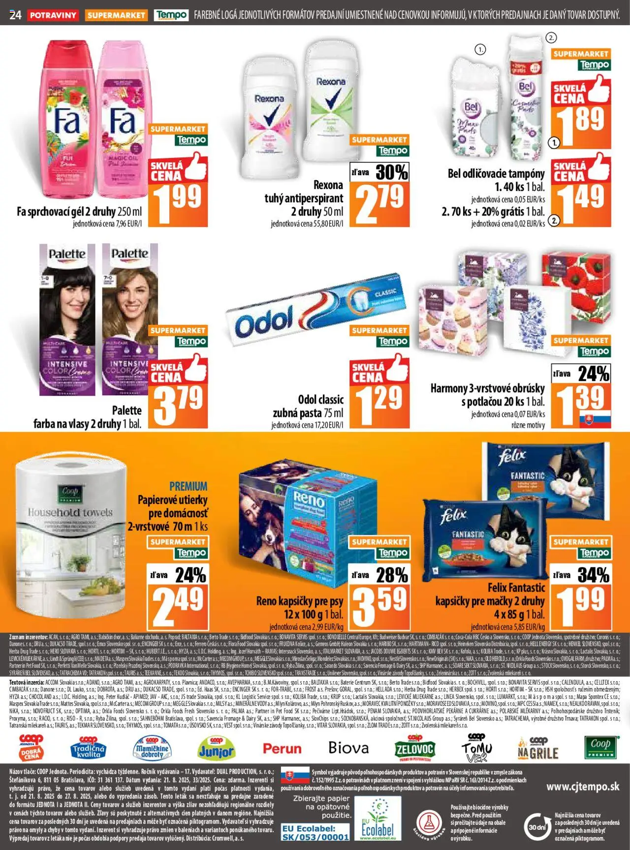 COOP Jednota leták │ platný od 21.08.2025 | Strana: 24 | Produkty: Felix, Farba na vlasy, Antiperspirant, Zubná pasta