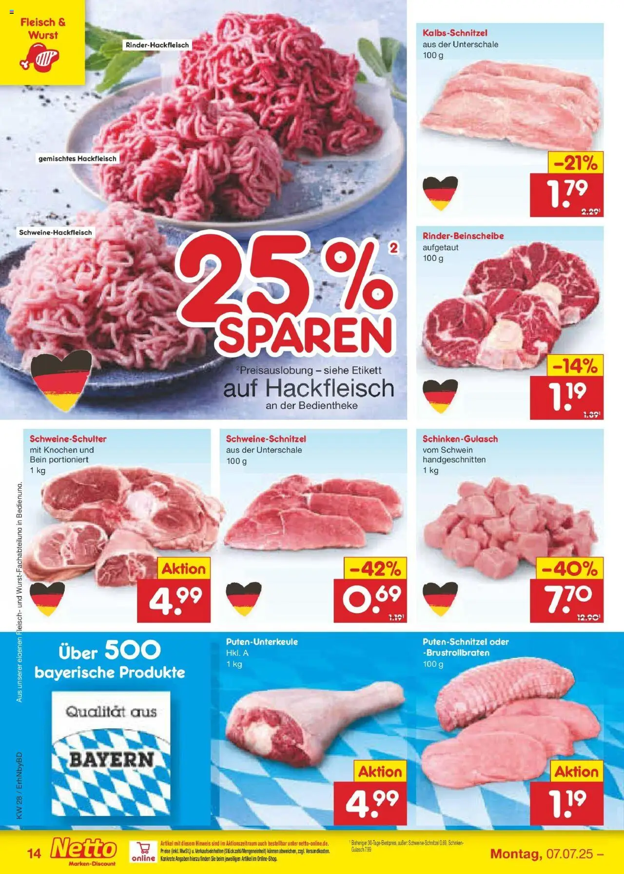 Netto Marken-Discount prospekt Ergolding	 - gültig ab dem 07.07.2025 | Seite: 16 | Produkte: Putenschnitzel, Wurst, Fleisch, Hackfleisch