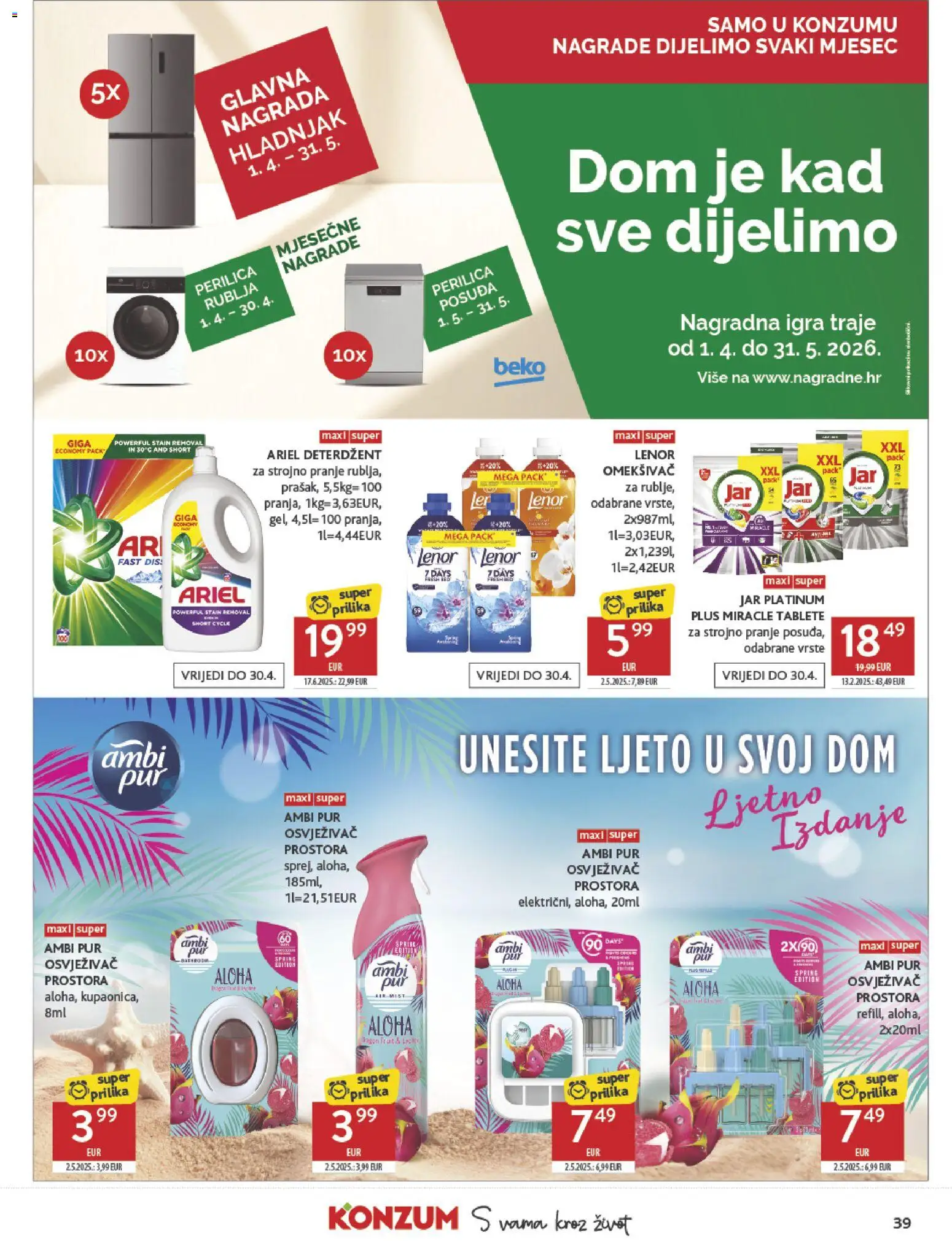 Konzum katalog | vrijedi od 08.04.2026 | Stranica: 39 | Proizvodi: Omekšivač, Osvježivač prostora, Hladnjak, Lenor