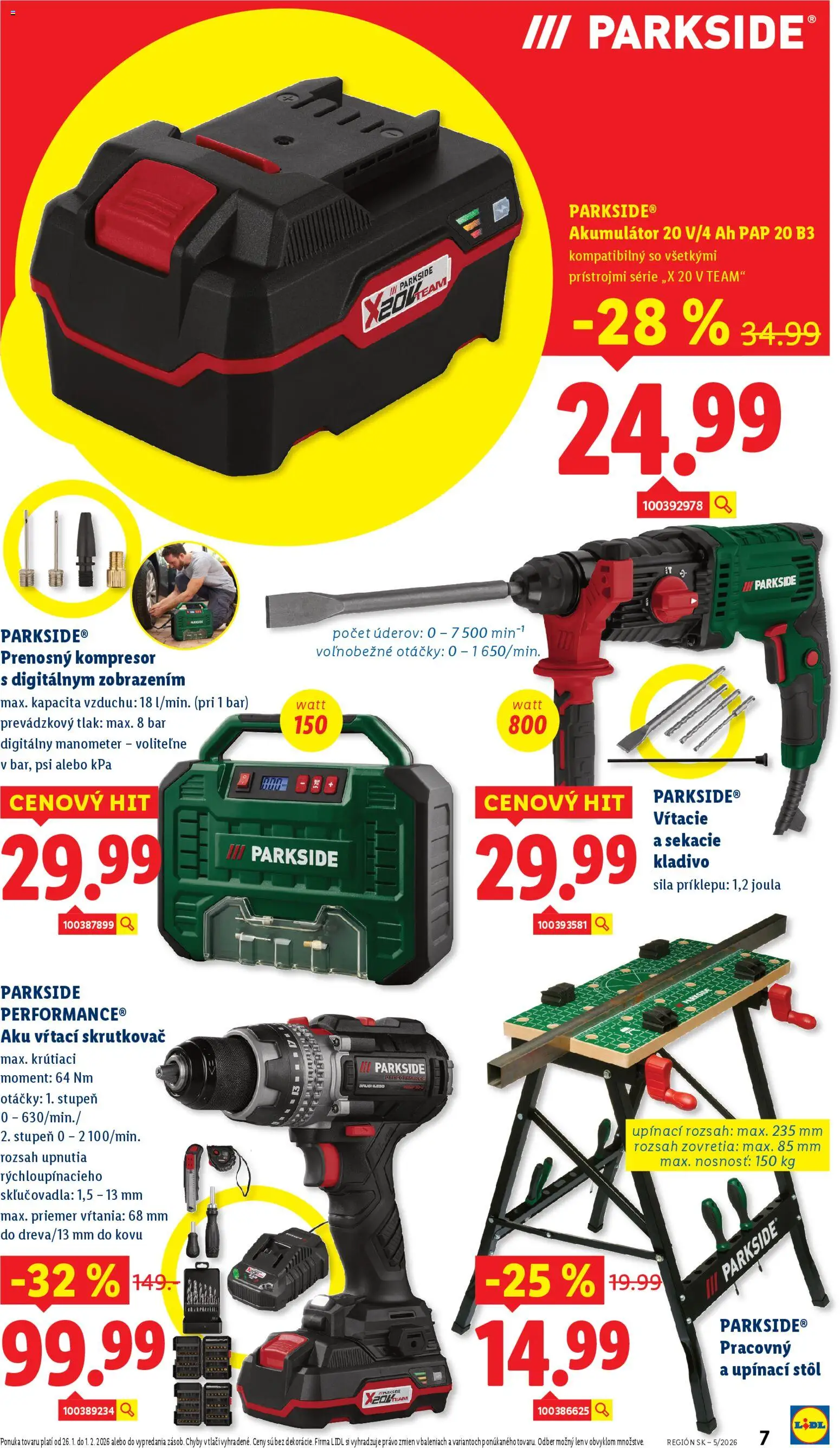 Nové Lidl akcie – leták je platný od 26.01.2026 | Strana: 7 | Produkty: Stôl, Skrutkovač, Kompresor, Aku