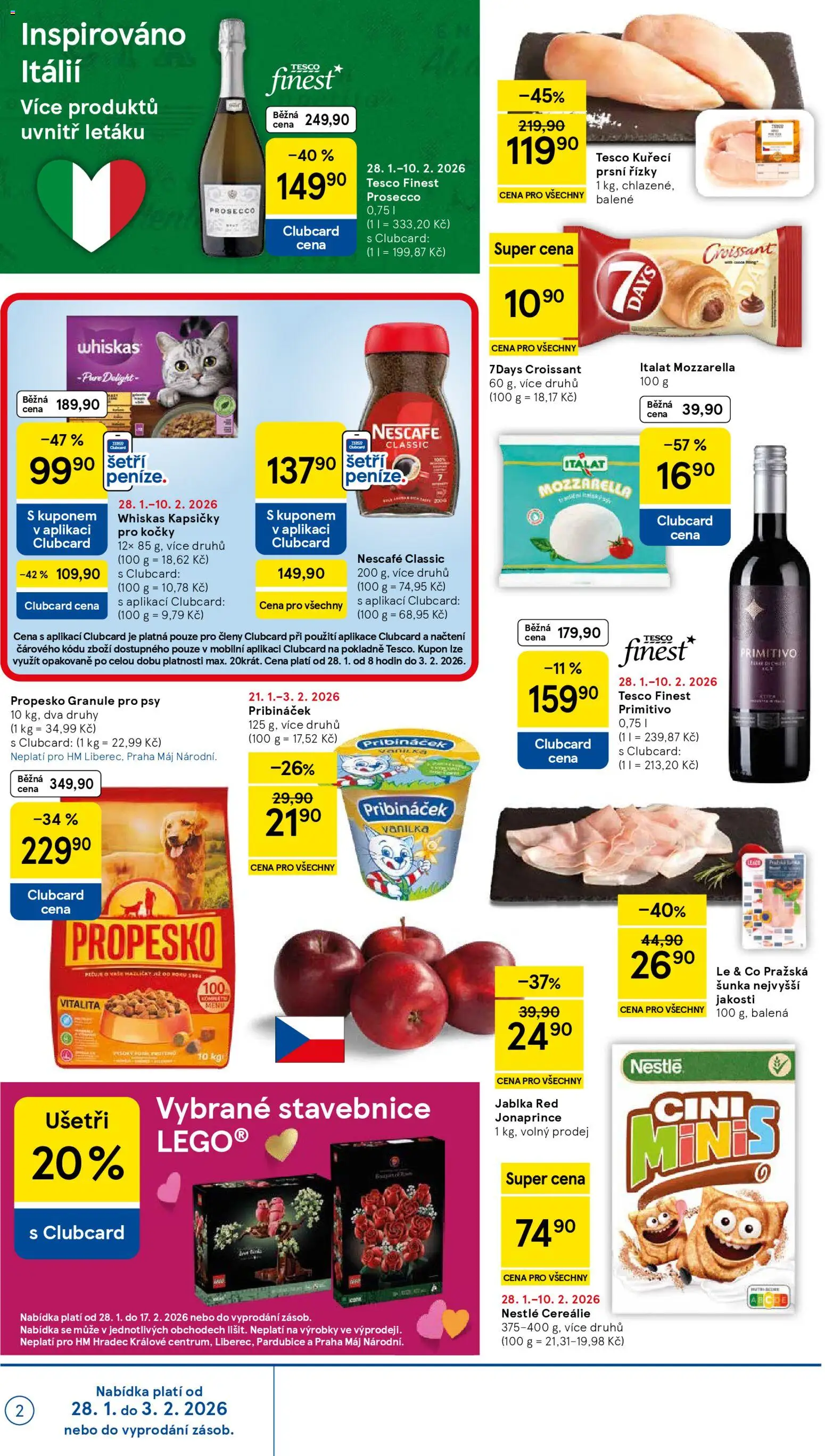 Tesco leták - Hypermarket od 28.01.2026 | Strana: 2 | Produkty: Prosecco, Granule pro psy, Pražská šunka, Primitivo