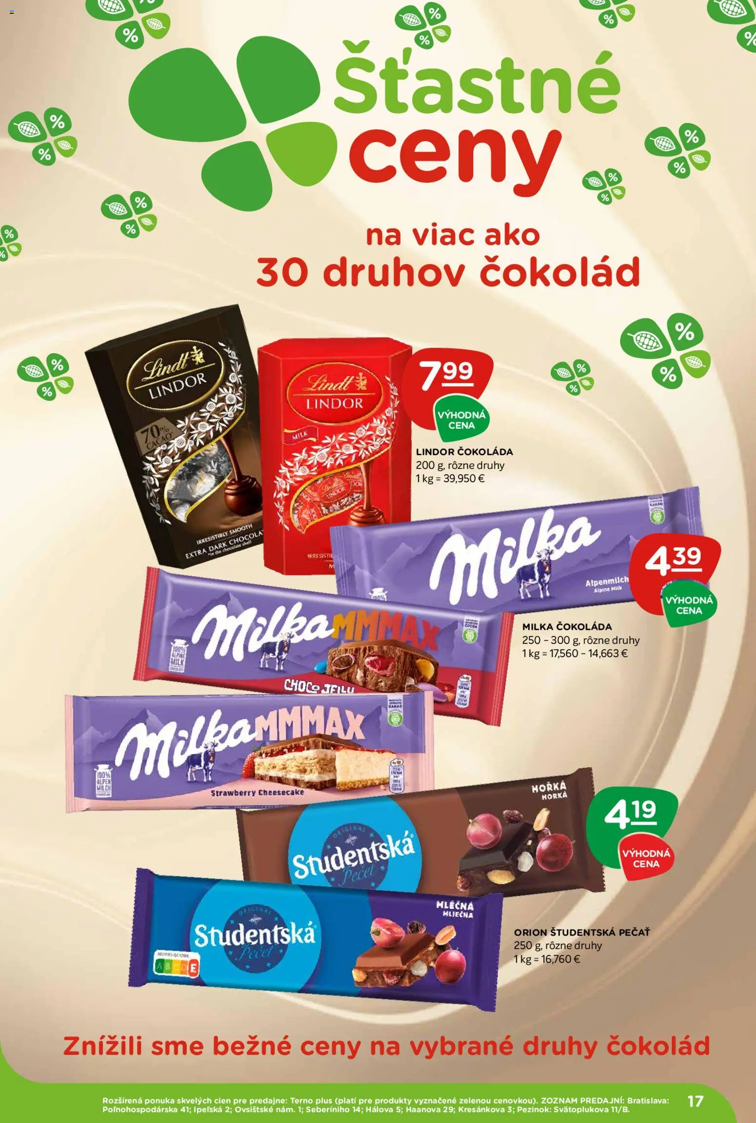 Nové Terno akcie – leták je platný od 09.04.2026 | Strana: 17 | Produkty: Lindor, Čokoláda, Študentská pečať, Milka