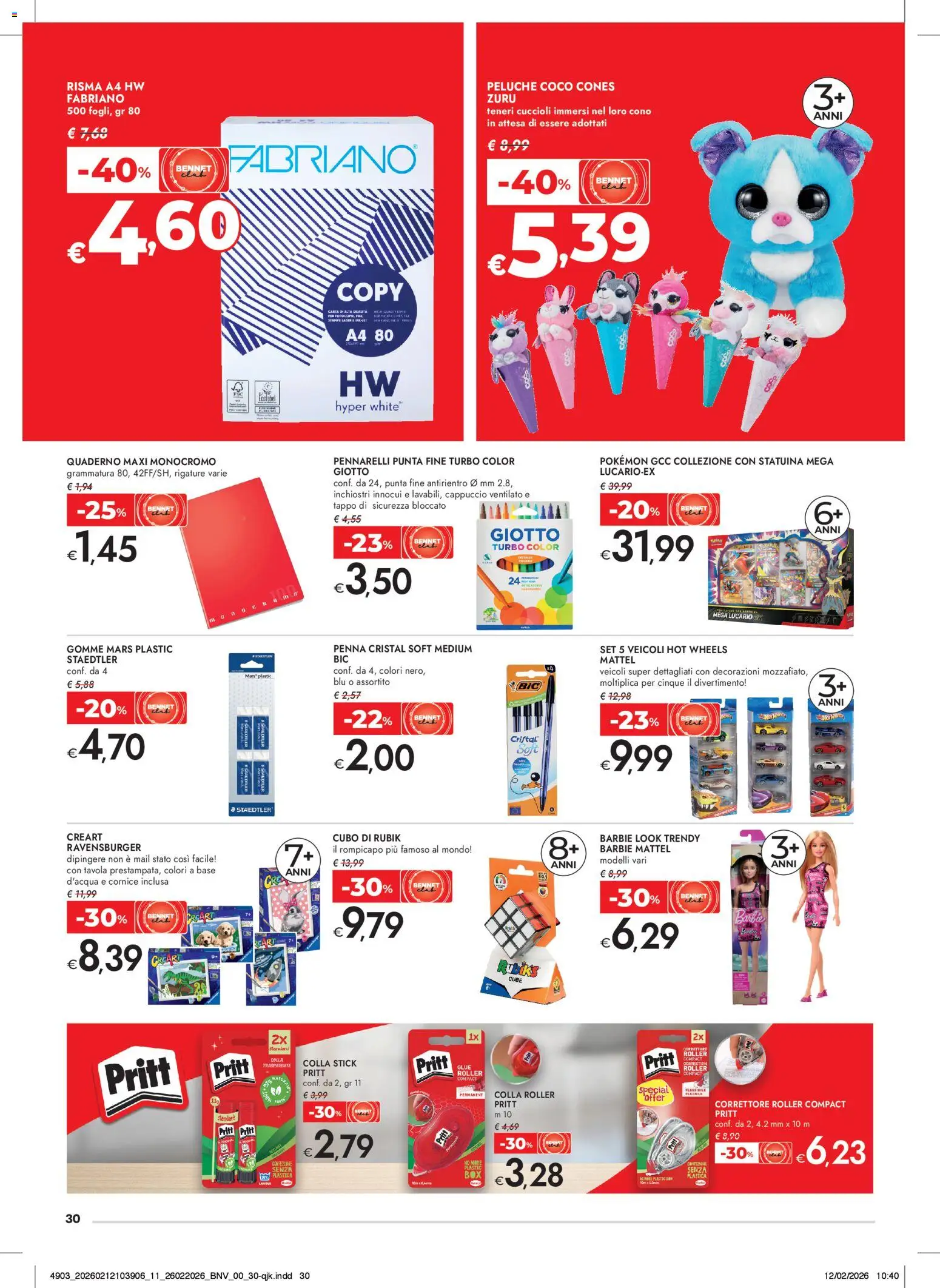 Volantino bennet del 26.02.2026 | Pagina: 30 | Prodotti: Cappuccio, Colla, Quaderno, Decorazioni