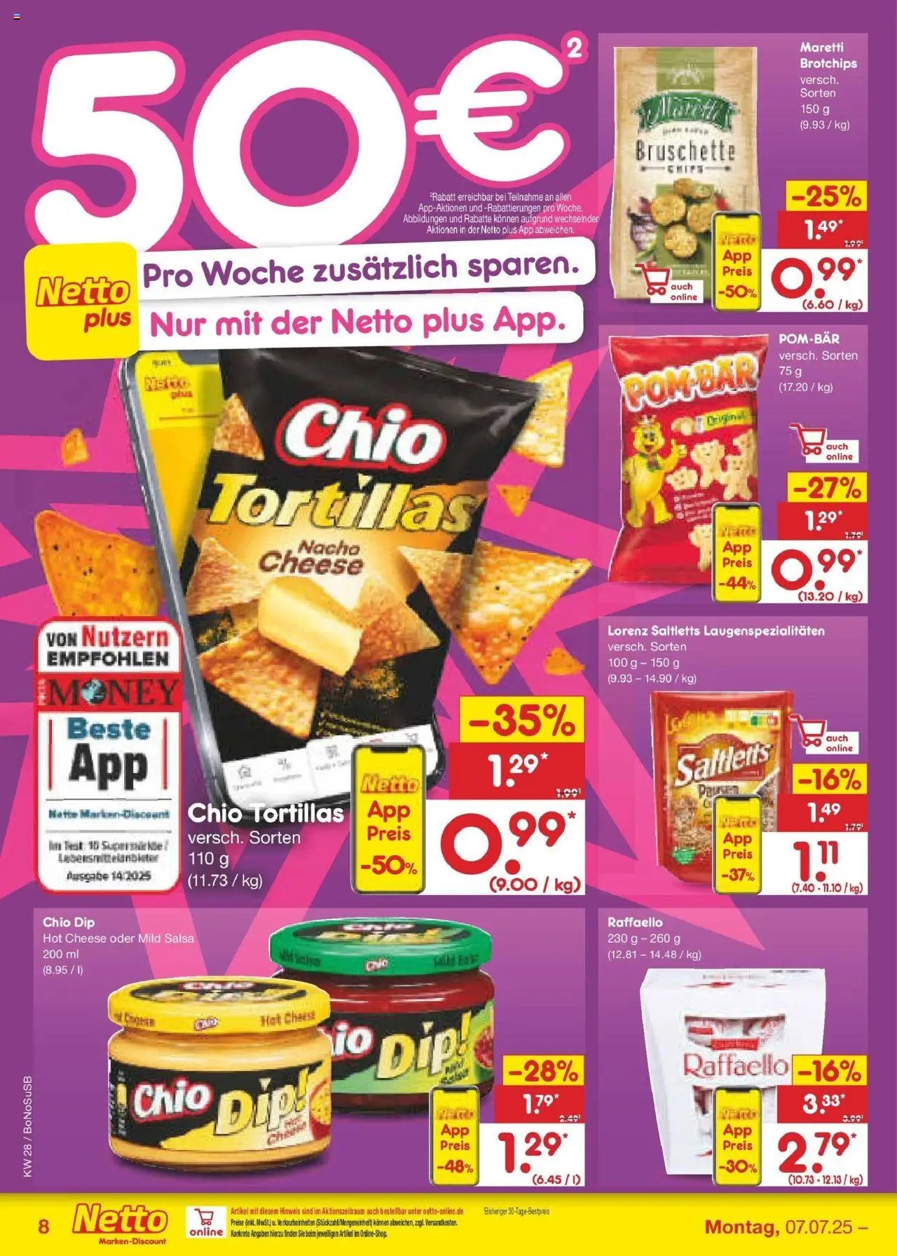 Netto Marken-Discount prospekt Herne	 - gültig ab dem 07.07.2025 | Seite: 10 | Produkte: Raffaello, POM-BÄR, Chio tortillas, Chips