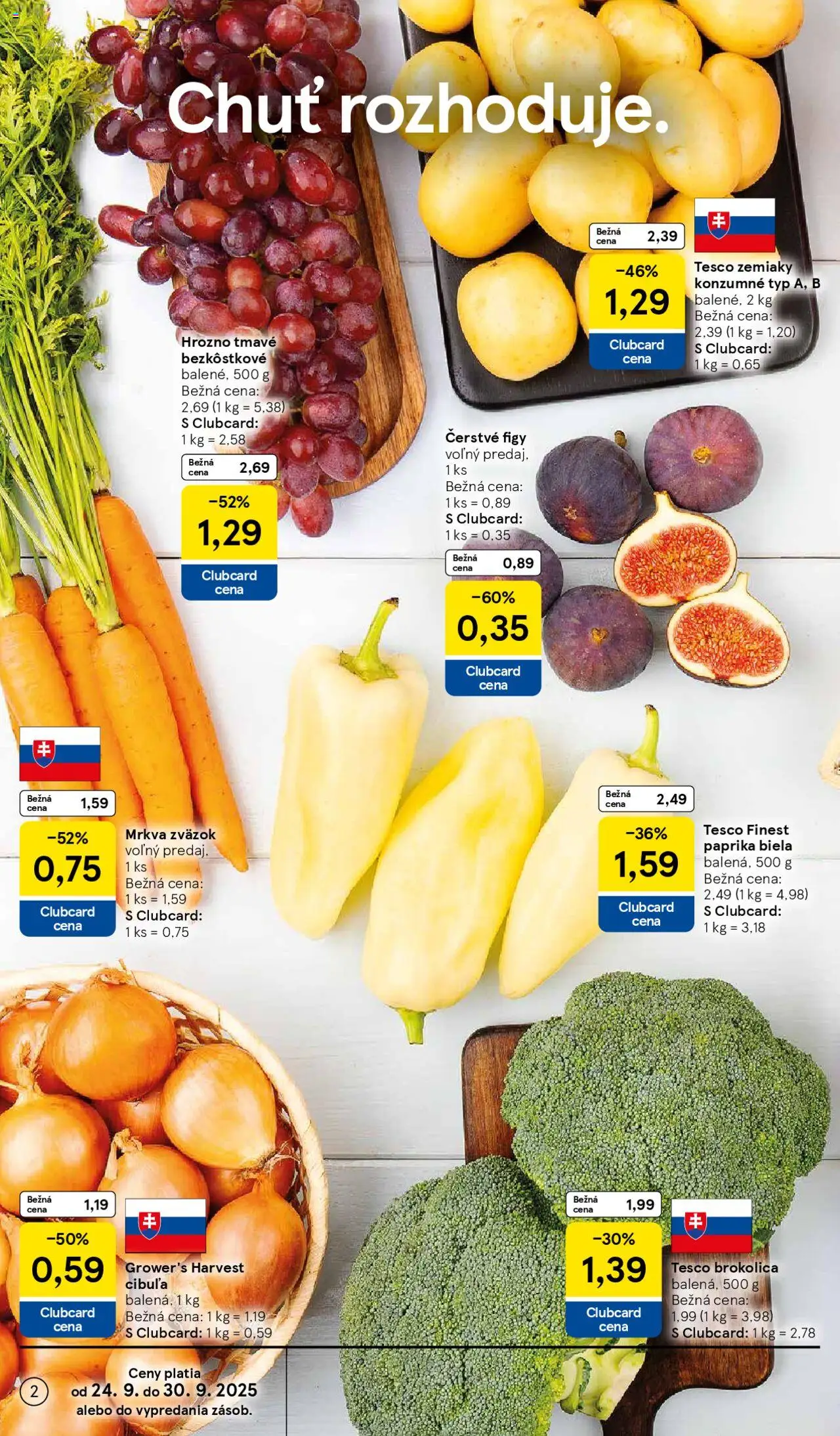 Nové Tesco akcie – leták je platný od 24.09.2025 | Strana: 2 | Produkty: Paprika, Brokolica, Mrkva, Hrozno