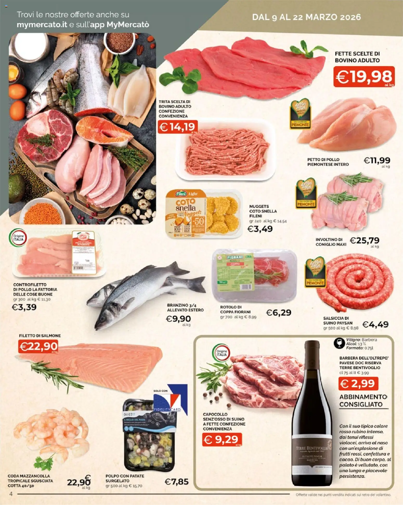 Volantino Mercatò del 09.03.2026 | Pagina: 4 | Prodotti: Petto di Pollo, Polpo, Branzino, Salsiccia