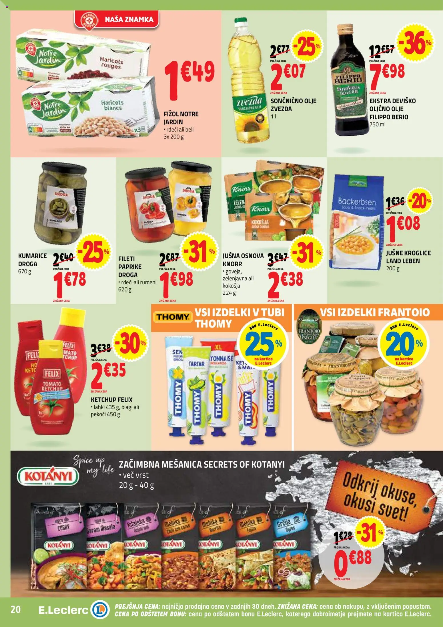 Novi E.leclerc katalog ponudbe – veljaven od 05.11.2025 | Stran: 20 | Izdelki: Oljčno olje, Jušne kroglice, Olje, Kumarice