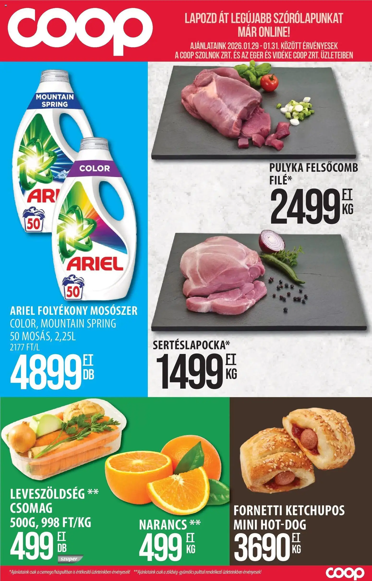 COOP Szolnok akciós ujság - amely érvényes a következő dátumtól: 29.01.2026 | Oldal: 1 | Termékek: Ariel, Egér, Narancs, Mosószer