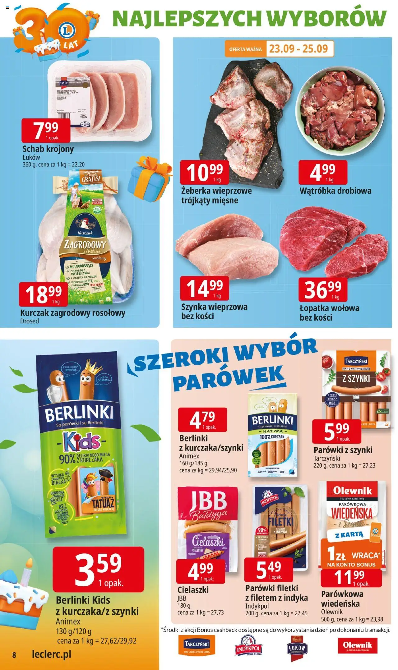 E.Leclerc Gazetka od 22.09.2025 | Strona: 8 | Produkty: Kurczak, Parówki z szynki, Kurczak zagrodowy, Wątróbka drobiowa