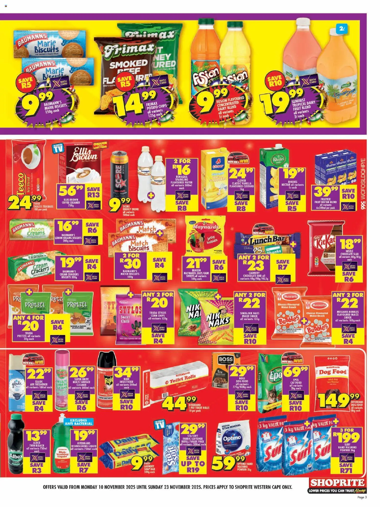 New Shoprite catalogue – valid from 10.11.2025 | Page: 3 | Products: Corn, Fruit, Cat food, Dishwashing liquid