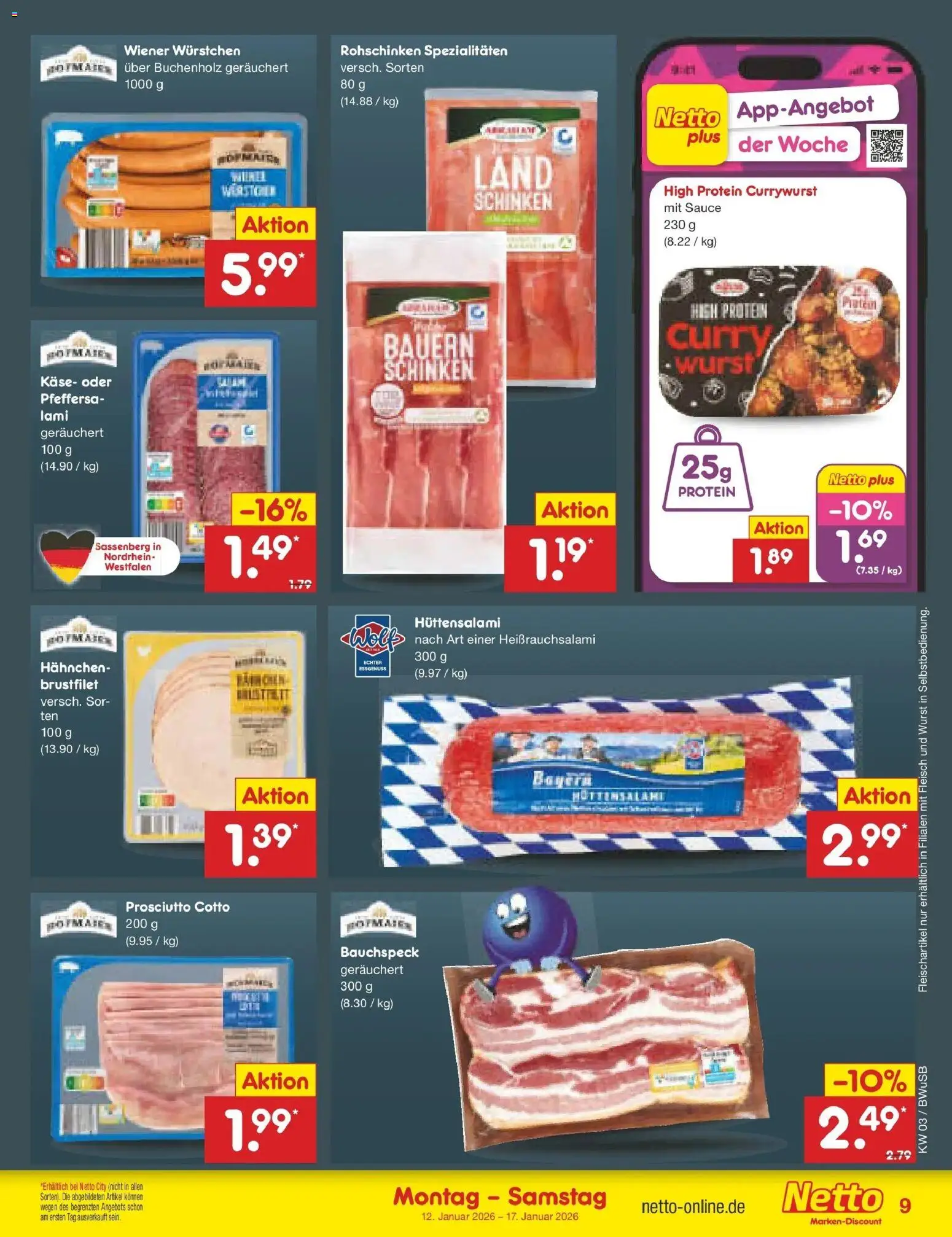 Netto Marken-Discount prospekt Stemwede-Dielingen	 – gültig ab 12.01.2026 | Seite: 9 | Produkte: Hahnchen, Wiener wurstchen, Wurst, Fleisch