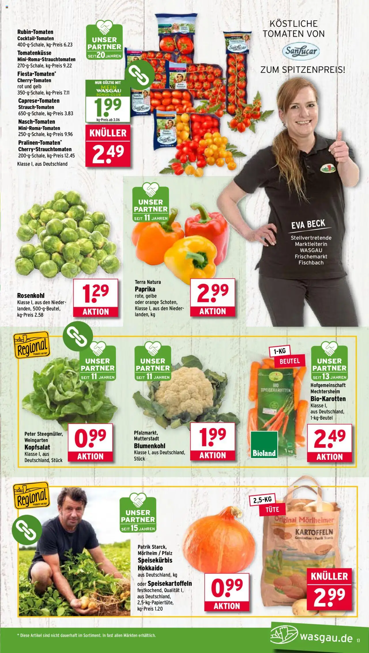 Wasgau Prospekt 	 – gültig ab 22.09.2025 | Seite: 13 | Produkte: Tomaten, Kartoffeln, Paprika, Blumenkohl