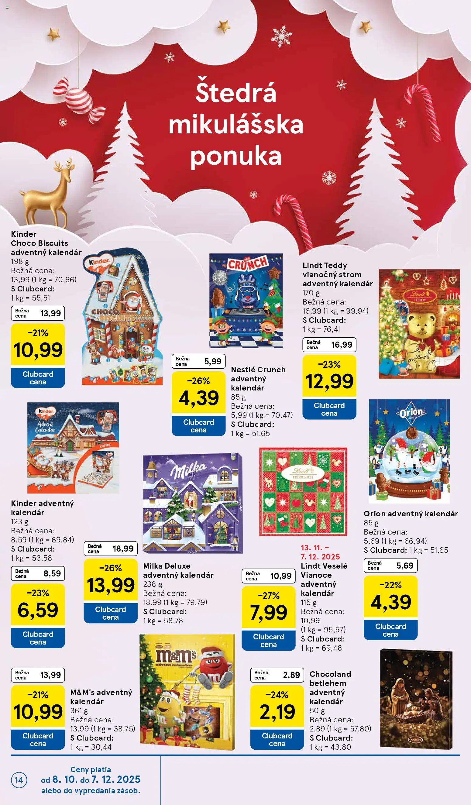 Nové Tesco akcie – leták je platný od 26.11.2025 | Strana: 14 | Produkty: Lindt, Kinder, Milka
