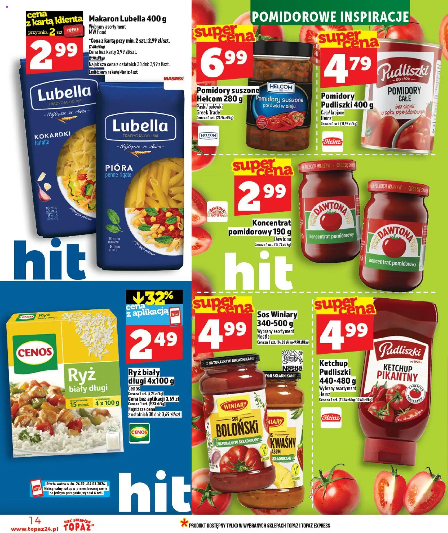 Topaz Gazetka od 26.02.2026 | Strona: 14 | Produkty: Ketchup, Koncentrat pomidorowy, Makaron, Sos