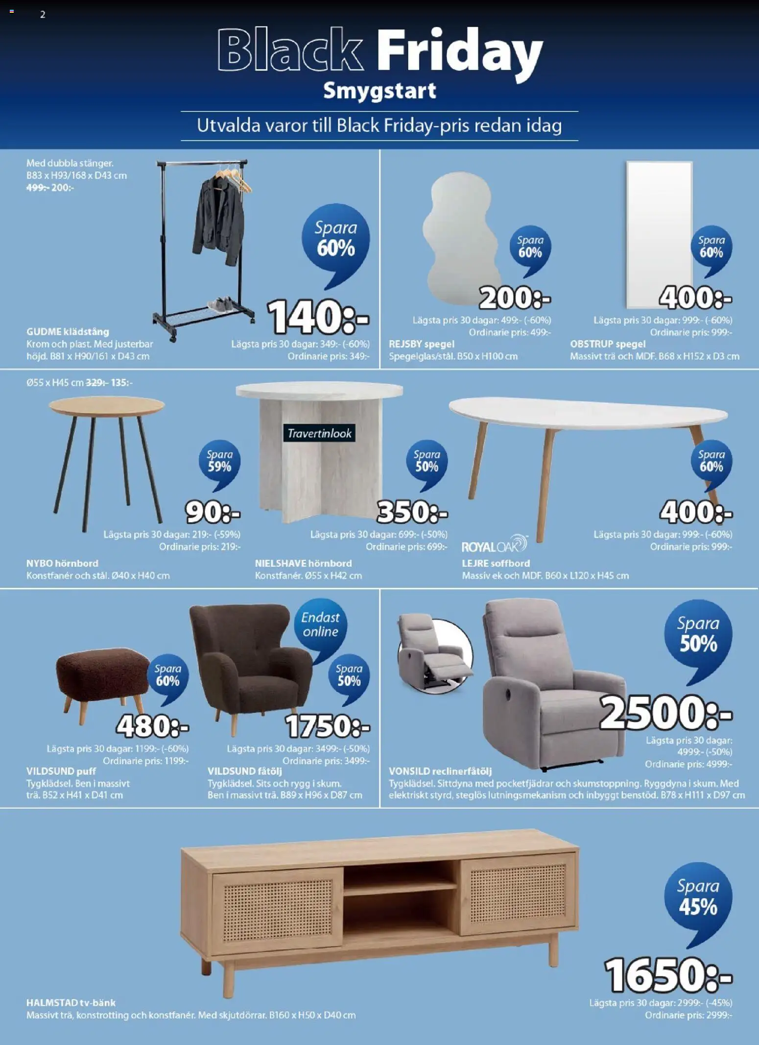 JYSK reklamblad aktuell från 17.11.2025 | Sida: 2 | Produkter: Klädstång, Puff, Soffbord, Spegel